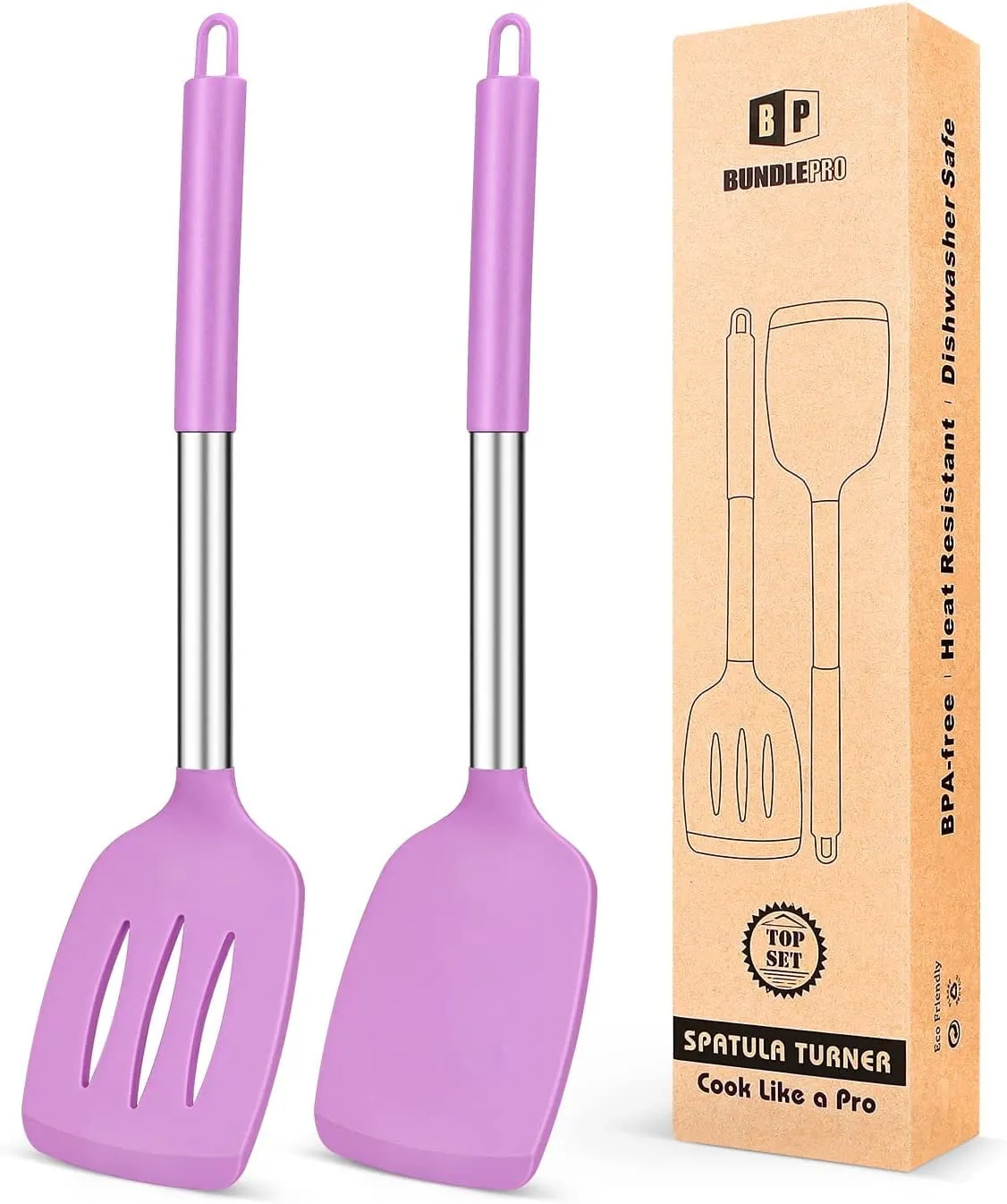 Pack of 2 Silicone Spatulas Turners, Non Stick Slotted and Solid Kitchen Utensils
