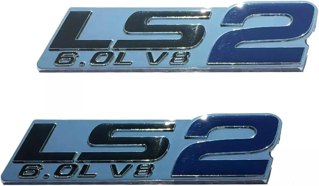 Pair Set LS2 6.0L V8 Engine 3D Letter Side Badge Emblem Nameplate Sticker (Silver Blue)