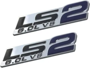 Pair Set LS2 6.0L V8 Engine 3D Letter Side Badge Emblem Nameplate Sticker (Silver Blue)