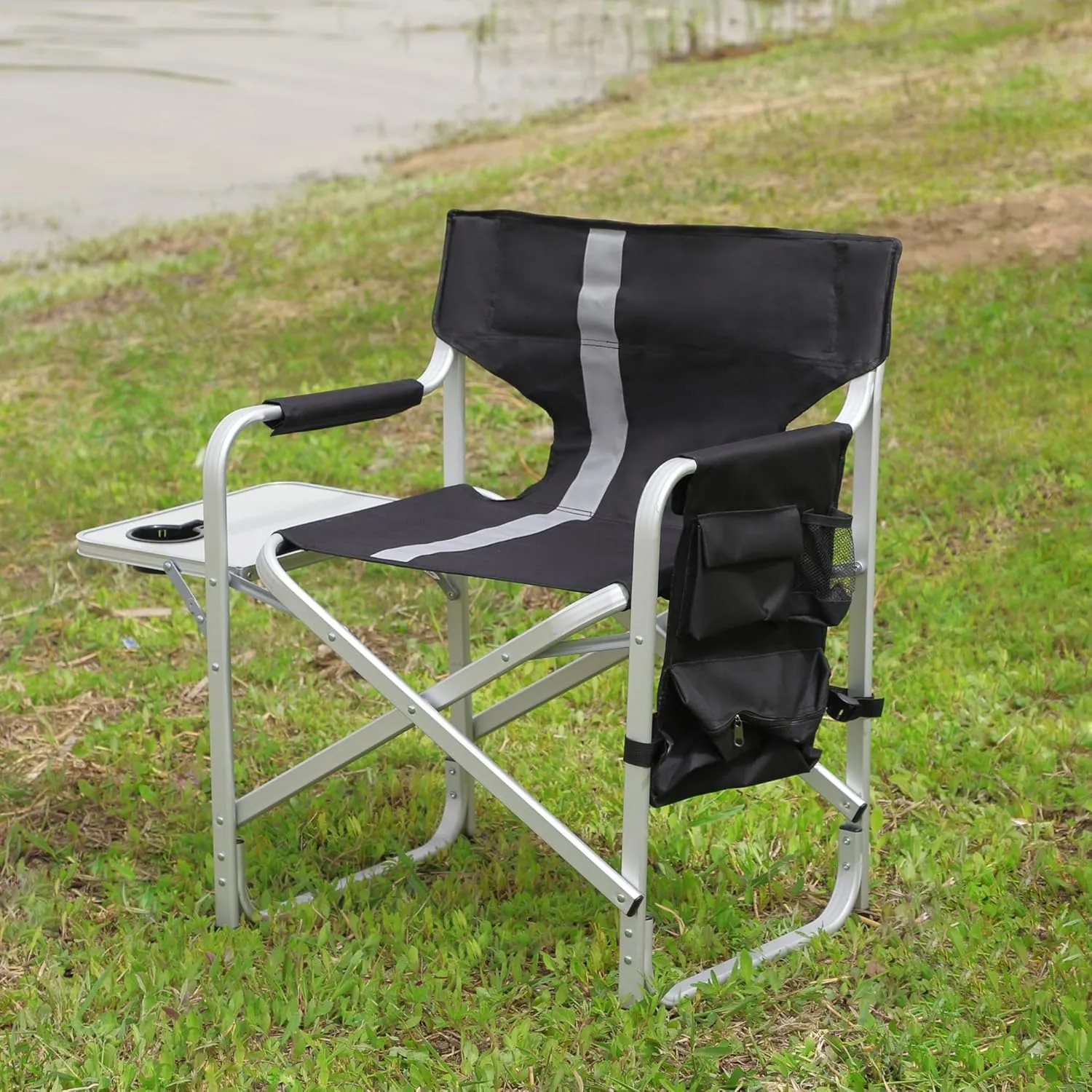 Patio Furniture Conversation Sets,Portable Camping Chair with Side Table and Storage Pocket - High-Density Padding, Durable Aluminum Frame,Oxford Cloth Ideal for Camping,Picnics(1PC Black/Grey Chair)