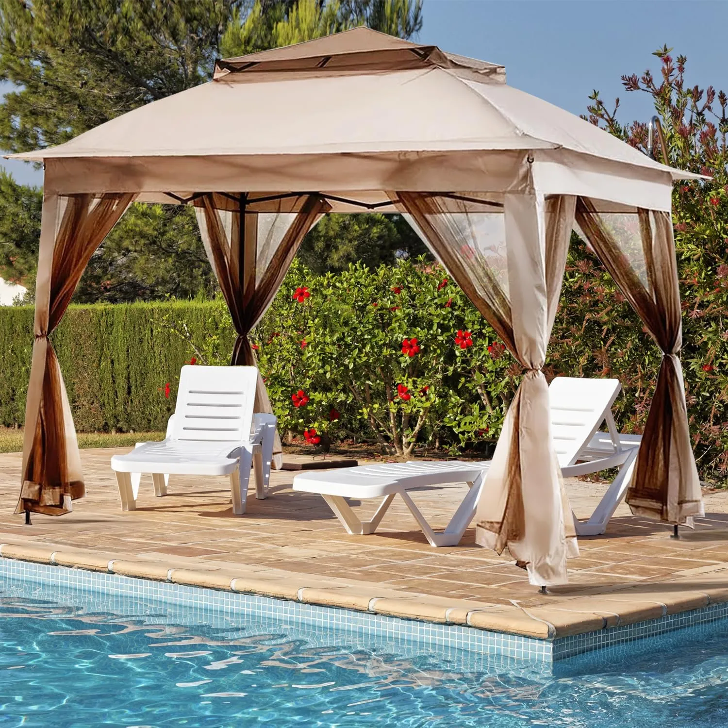 Patio Outdoor Gazebo 11X11 - Pop Up Instant Tent with Mosquito Netting Outdoor Canopy Shelter for Backyard,Garden Lawn(Khaki)