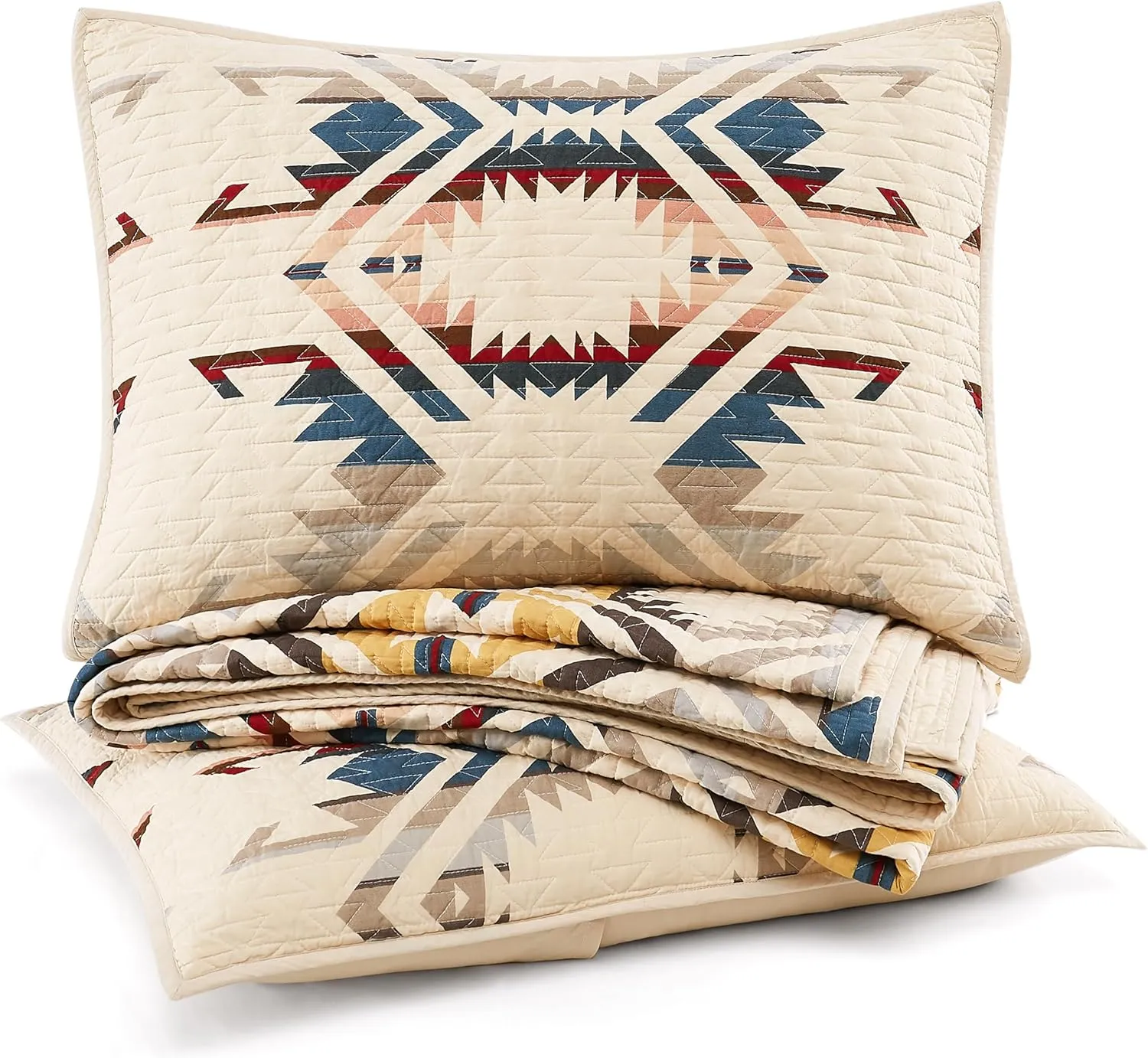 Pendleton White Sands Full/Queen Quilt Bedding Set with 2 Shams Premium Cotton Lightweight Quilted Bedspread Coverlet for Bed Rustic Home Decor Machine Washable, 90-inch x 92-inch, Beige Diamond Print