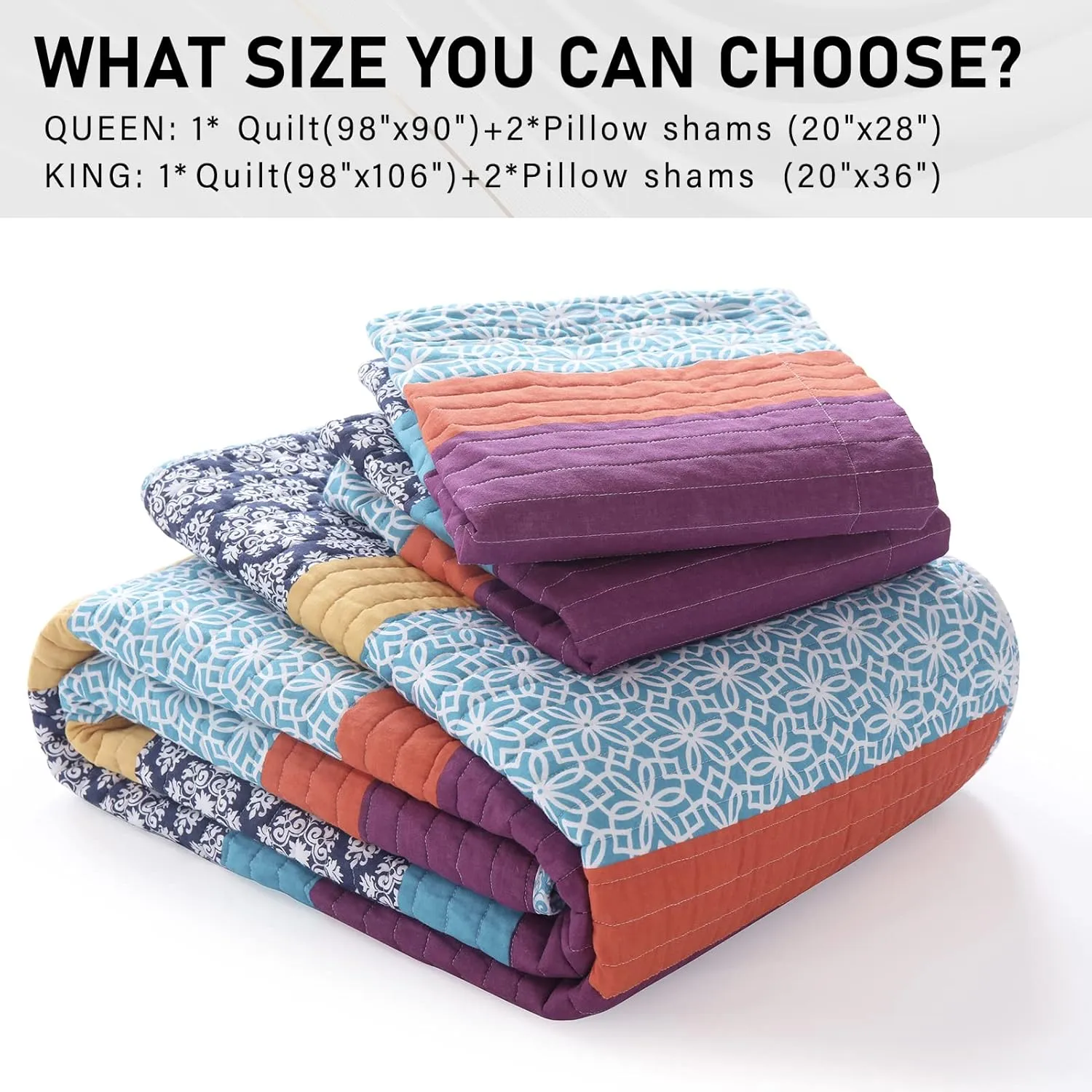 PERHOM Boho Queen Size Quilt Set - 100% Cotton Bohemian Blue Purple Yellow Floral Striped Pattern All Season Lightweight Quilt Bedding Set, Summer Soft Comforter Set/Bedspread/Coverlet(3 Pcs)