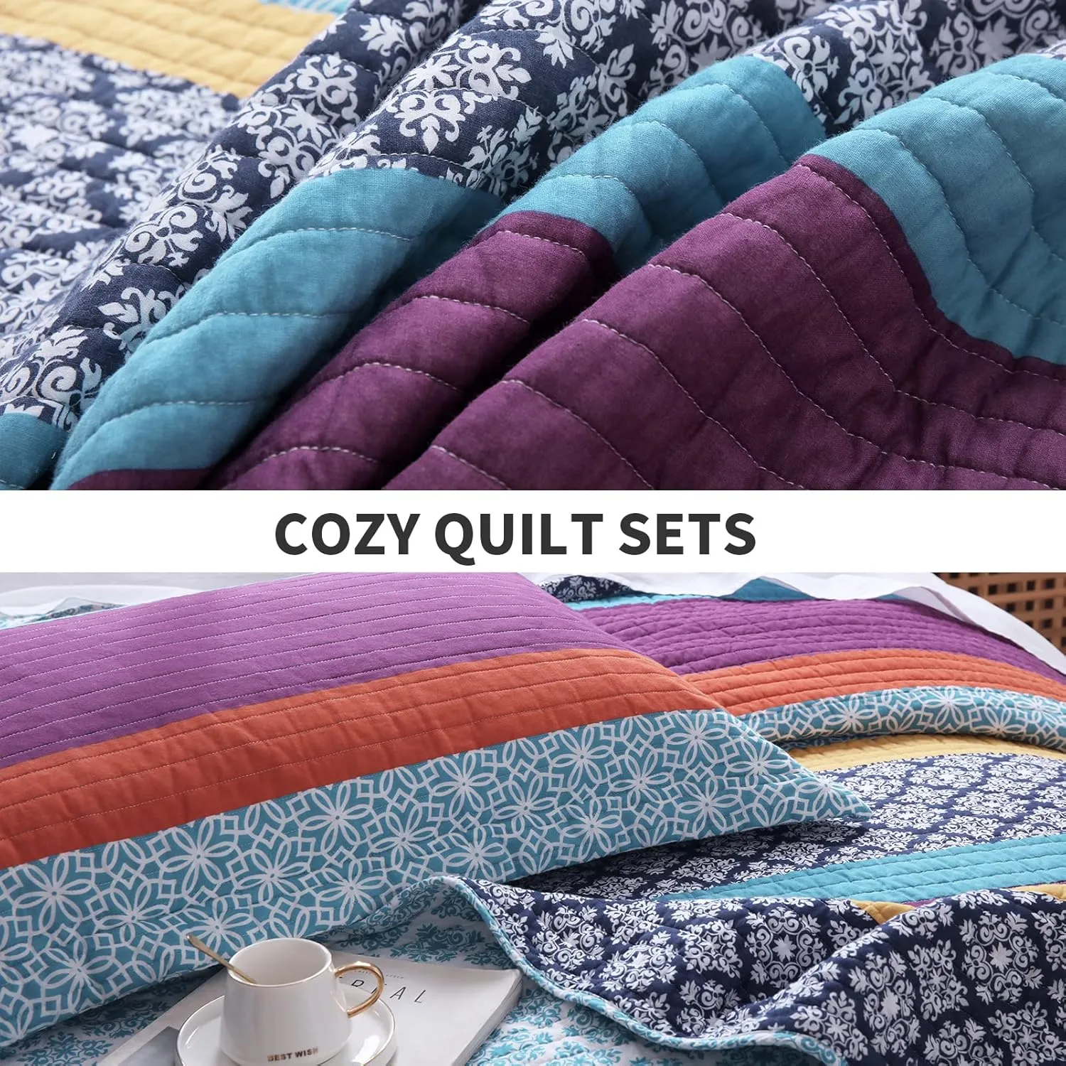 PERHOM Boho Queen Size Quilt Set - 100% Cotton Bohemian Blue Purple Yellow Floral Striped Pattern All Season Lightweight Quilt Bedding Set, Summer Soft Comforter Set/Bedspread/Coverlet(3 Pcs)