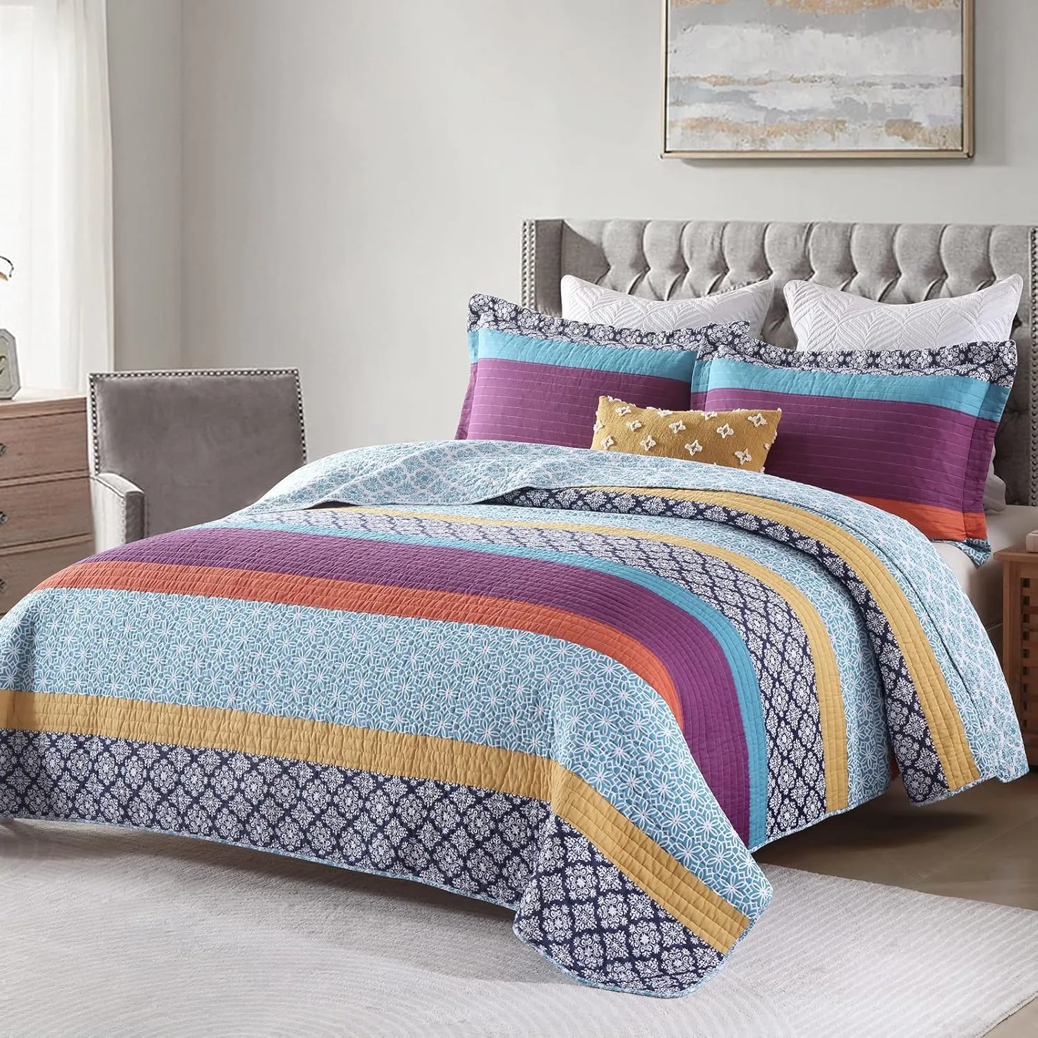 PERHOM Boho Queen Size Quilt Set - 100% Cotton Bohemian Blue Purple Yellow Floral Striped Pattern All Season Lightweight Quilt Bedding Set, Summer Soft Comforter Set/Bedspread/Coverlet(3 Pcs)