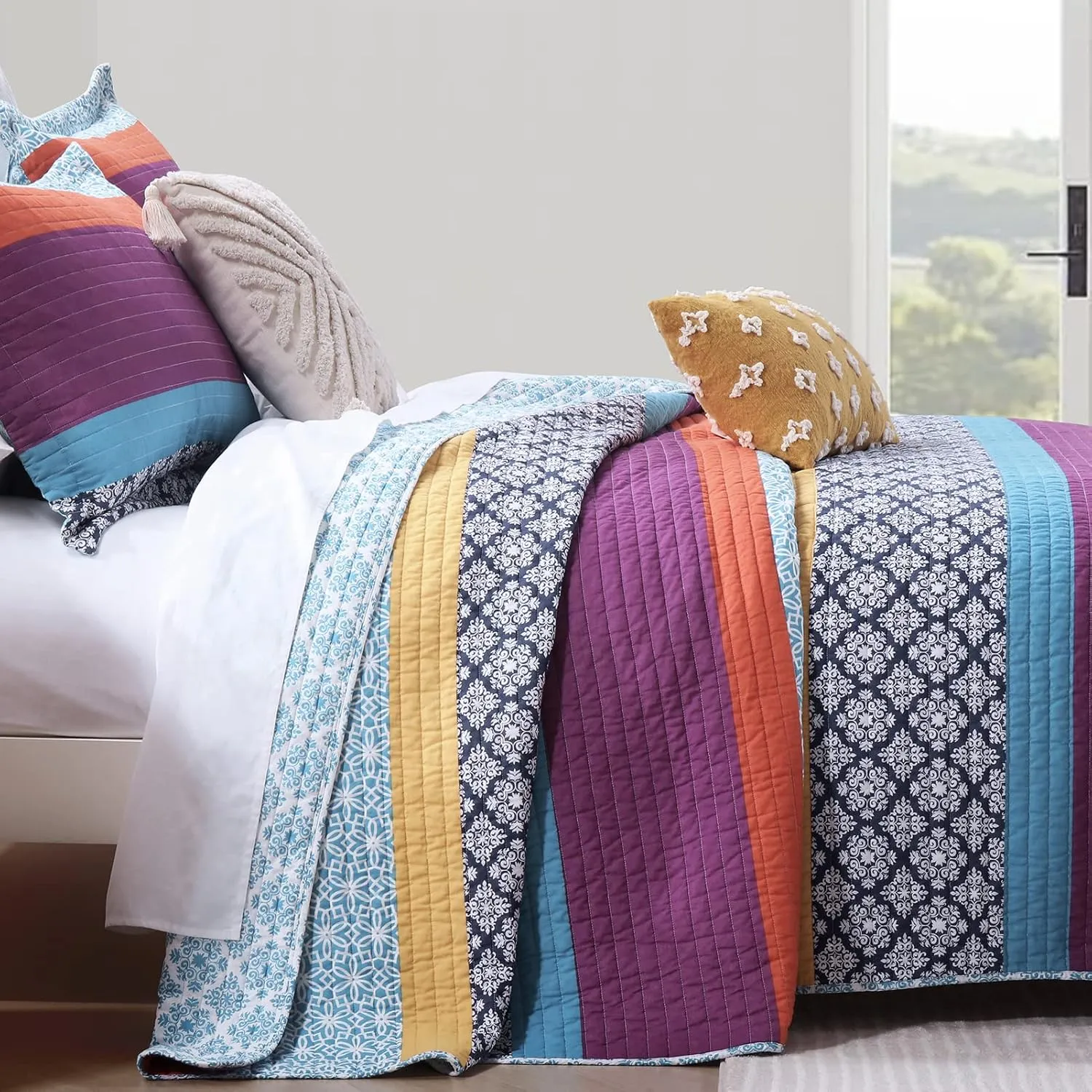 PERHOM Boho Queen Size Quilt Set - 100% Cotton Bohemian Blue Purple Yellow Floral Striped Pattern All Season Lightweight Quilt Bedding Set, Summer Soft Comforter Set/Bedspread/Coverlet(3 Pcs)