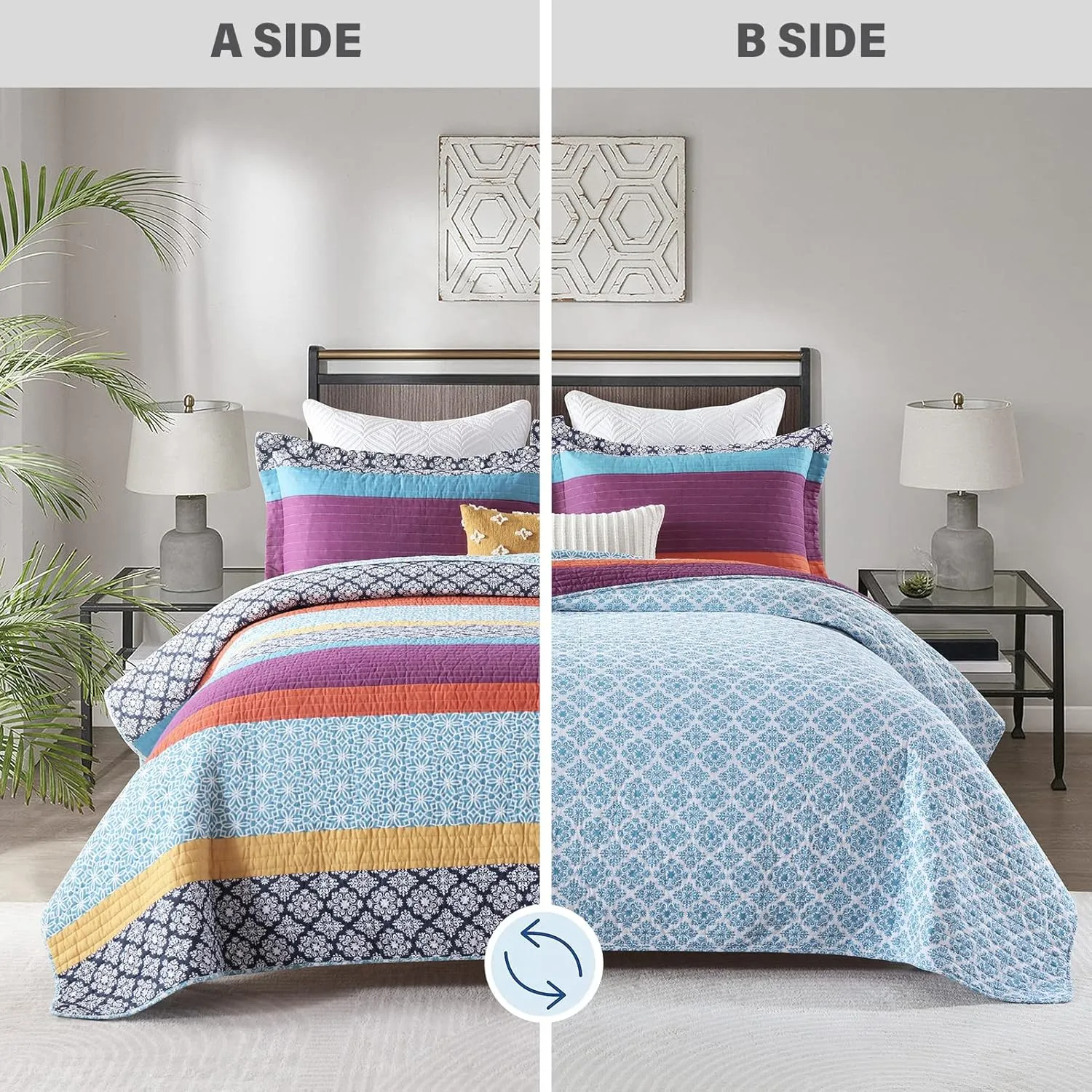 PERHOM Boho Queen Size Quilt Set - 100% Cotton Bohemian Blue Purple Yellow Floral Striped Pattern All Season Lightweight Quilt Bedding Set, Summer Soft Comforter Set/Bedspread/Coverlet(3 Pcs)