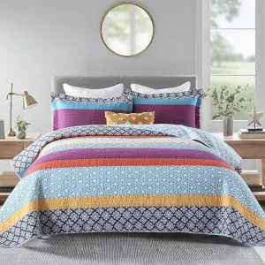 PERHOM Boho Queen Size Quilt Set - 100% Cotton Bohemian Blue Purple Yellow Floral Striped Pattern All Season Lightweight Quilt Bedding Set, Summer Soft Comforter Set/Bedspread/Coverlet(3 Pcs)