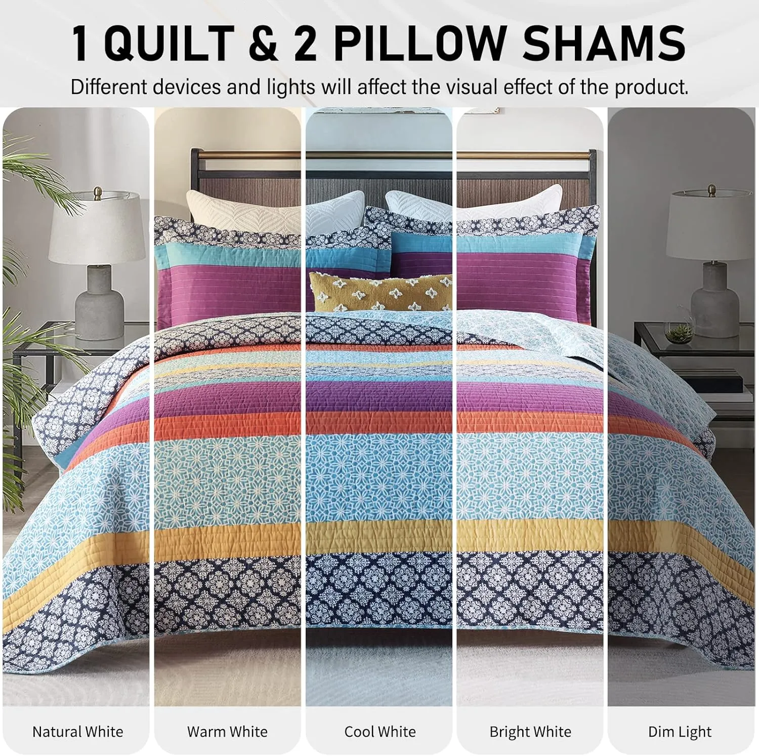 PERHOM Boho Queen Size Quilt Set - 100% Cotton Bohemian Blue Purple Yellow Floral Striped Pattern All Season Lightweight Quilt Bedding Set, Summer Soft Comforter Set/Bedspread/Coverlet(3 Pcs)