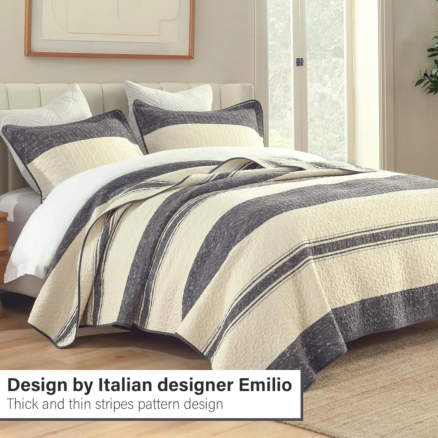 PERHOM Quilts Queen Size - Queen Quilt Set, 3 Pieces: Lightweight Striped Pinstripe Bedspreads, All Season, Beige Gray Charcoal