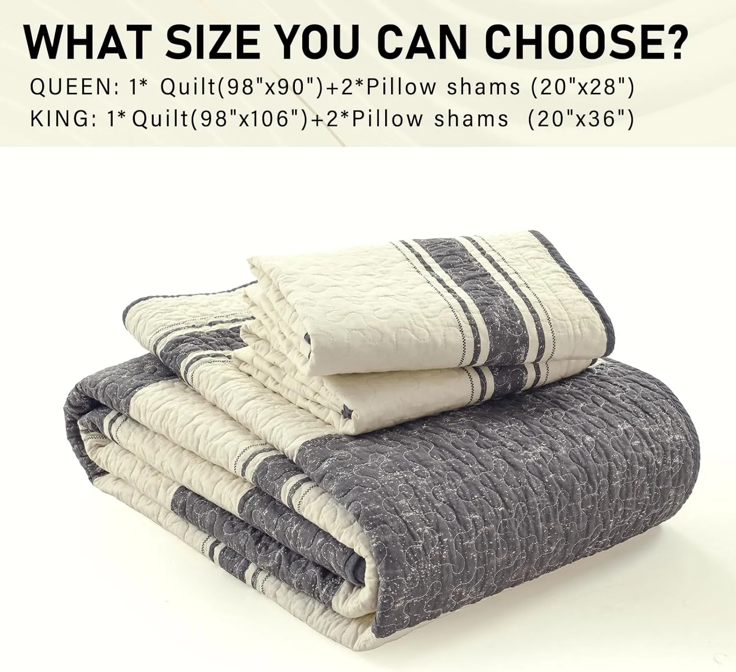 PERHOM Quilts Queen Size - Queen Quilt Set, 3 Pieces: Lightweight Striped Pinstripe Bedspreads, All Season, Beige Gray Charcoal