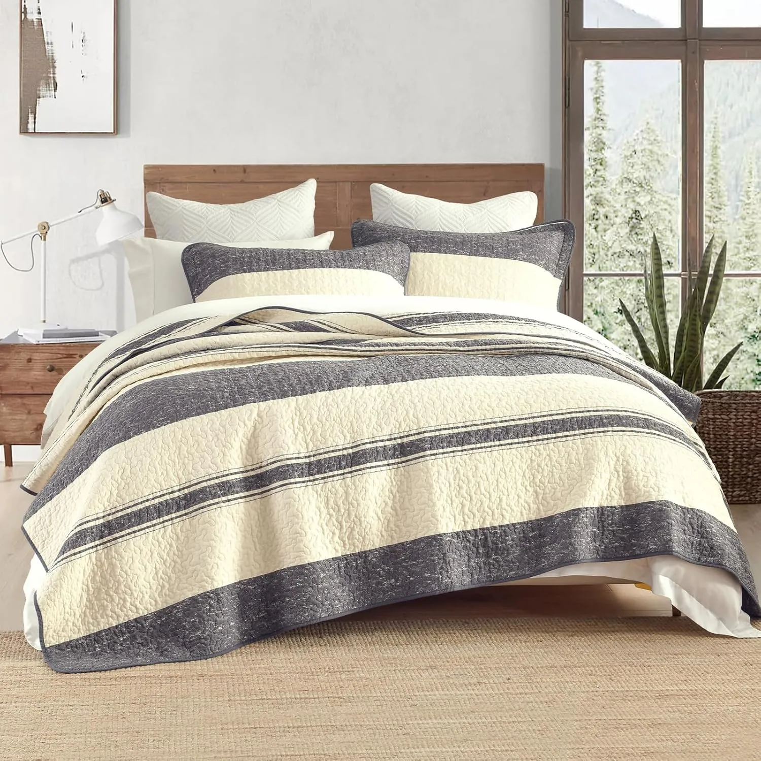PERHOM Quilts Queen Size - Queen Quilt Set, 3 Pieces: Lightweight Striped Pinstripe Bedspreads, All Season, Beige Gray Charcoal