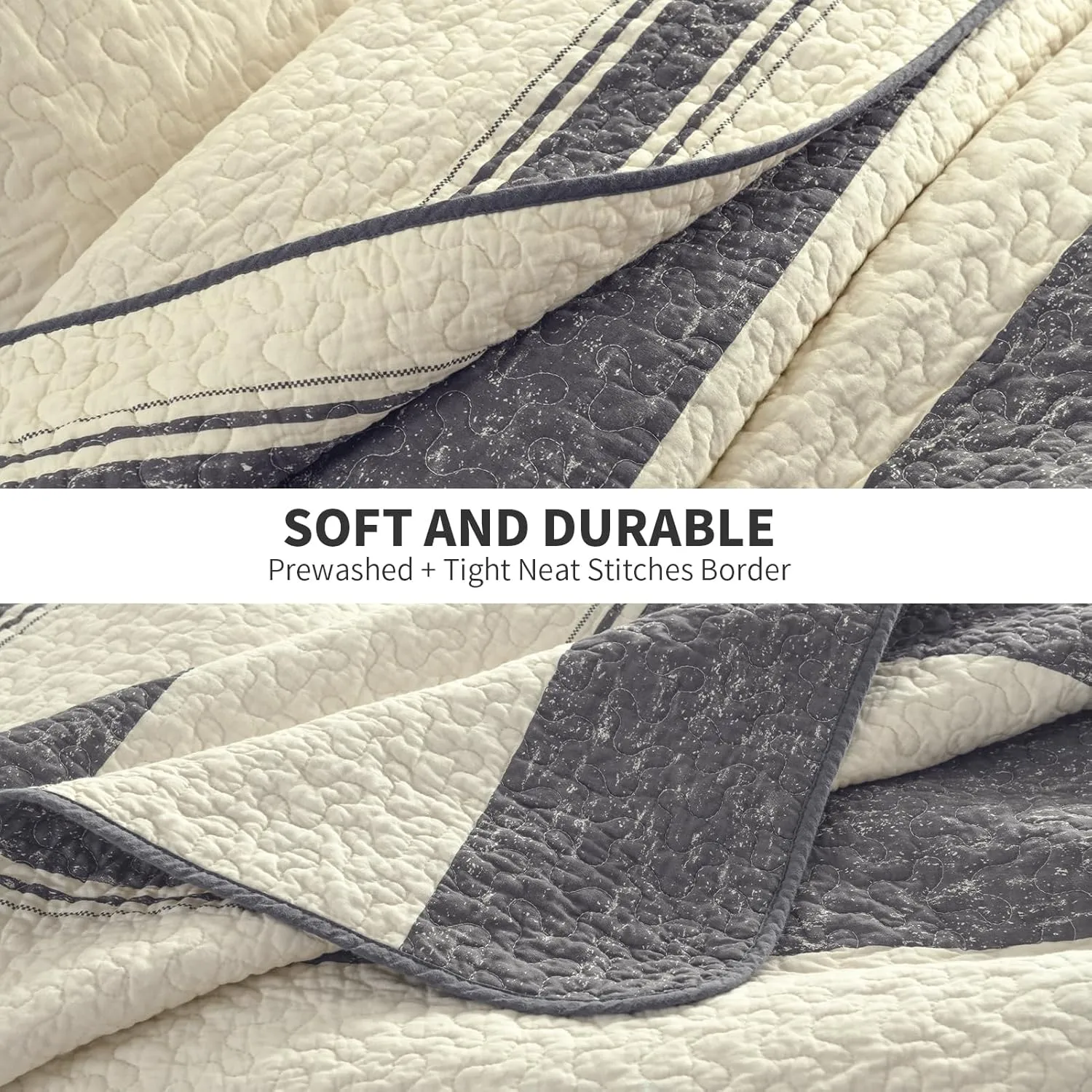 PERHOM Quilts Queen Size - Queen Quilt Set, 3 Pieces: Lightweight Striped Pinstripe Bedspreads, All Season, Beige Gray Charcoal