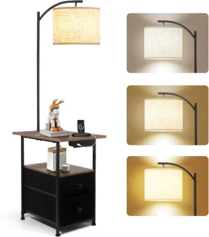 PESRAE Floor Lamp with Table & 2 Drawers, End Table with 3 Color Temperature Reading Light, Side Table Lamp with USB & Type C & AC Charging Port for Bedoom, Home Office