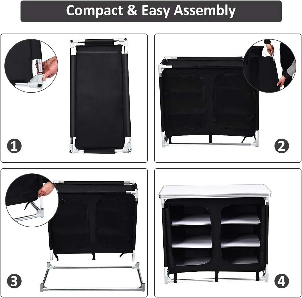 PETSITE Portable Camping Kitchen Table with Storage Organizer, Aluminum Folding Cooking Table Camp Kitchen Equipment for BBQ, Party and Picnic, Black