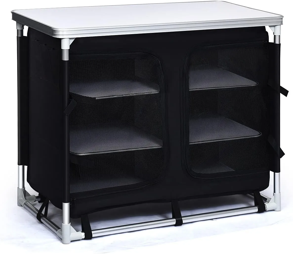 PETSITE Portable Camping Kitchen Table with Storage Organizer, Aluminum Folding Cooking Table Camp Kitchen Equipment for BBQ, Party and Picnic, Black