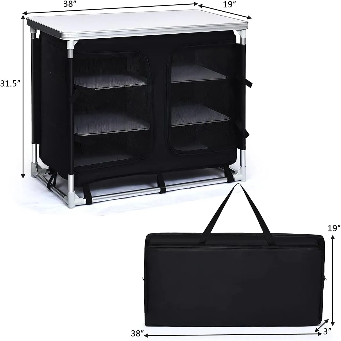 PETSITE Portable Camping Kitchen Table with Storage Organizer, Aluminum Folding Cooking Table Camp Kitchen Equipment for BBQ, Party and Picnic, Black