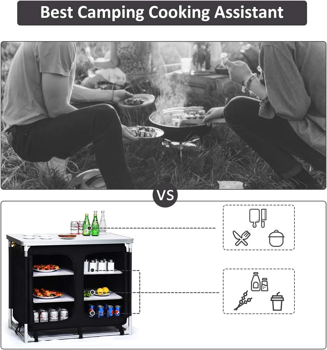 PETSITE Portable Camping Kitchen Table with Storage Organizer, Aluminum Folding Cooking Table Camp Kitchen Equipment for BBQ, Party and Picnic, Black