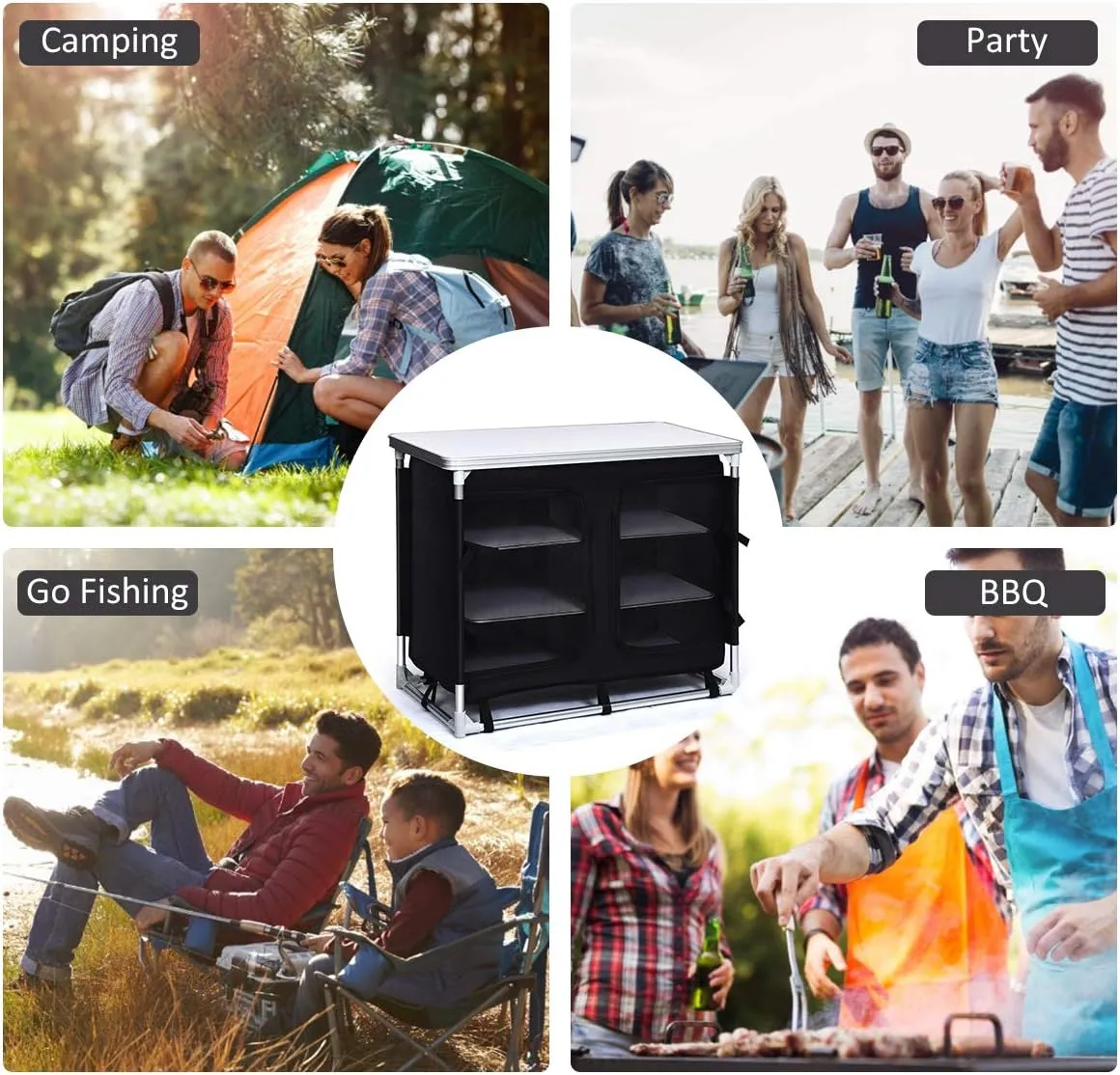 PETSITE Portable Camping Kitchen Table with Storage Organizer, Aluminum Folding Cooking Table Camp Kitchen Equipment for BBQ, Party and Picnic, Black