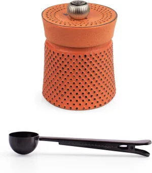 Peugeot BALI FONTE Cast Iron Pepper Mill, 8cm/3 In, With Stainless Steel Spice Scoop/Bag Clip (Orange)