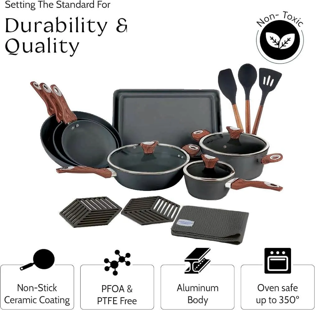 PHANTOM CHEF 18-Piece Cookware Set | Non-Stick Ceramic Coating | Oven & Dishwasher Safe | PFOA-Free | Aluminum Pots & Pans Set with Lids | Stay-Cool Handles | Induction Stovetop Compatible (Smoked)