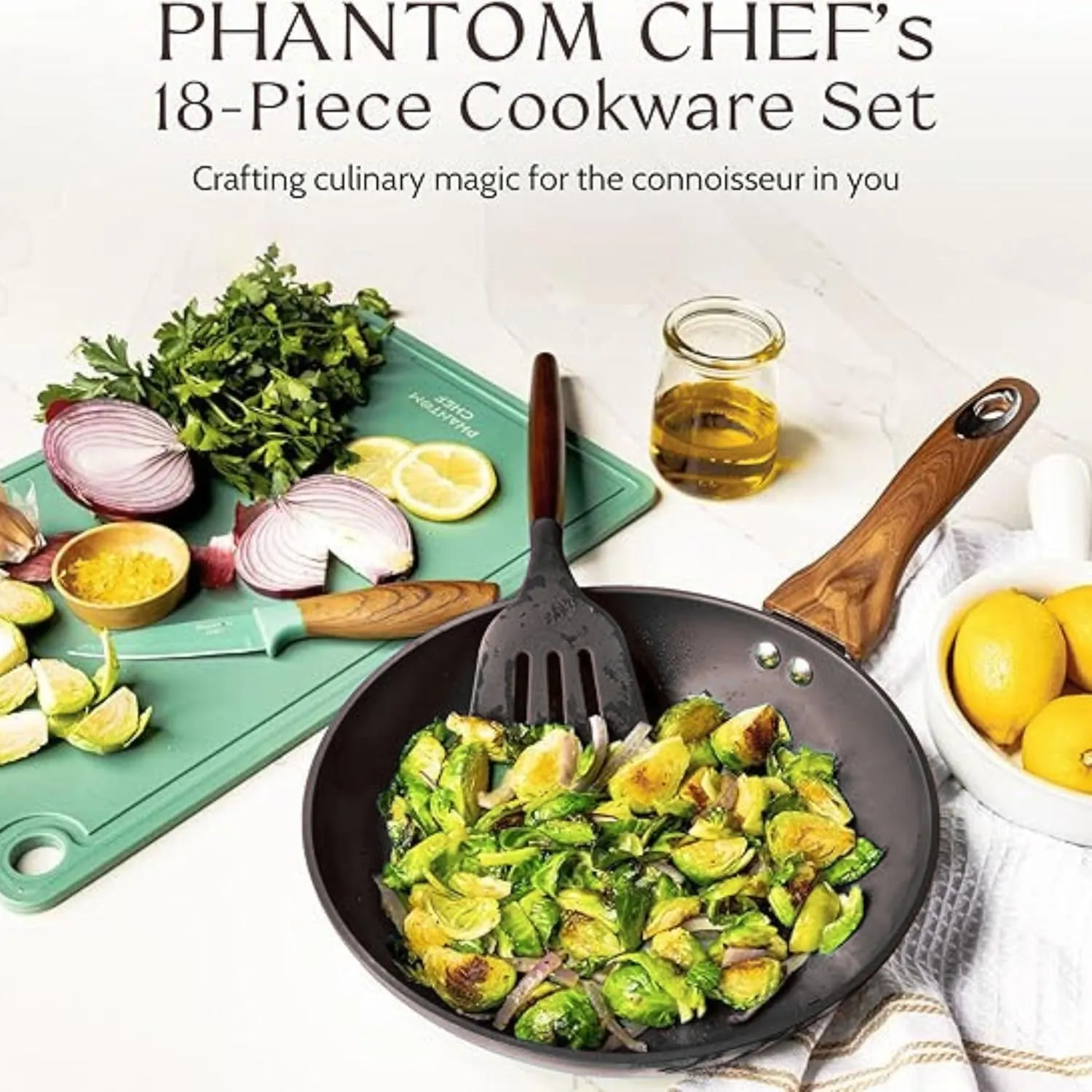 PHANTOM CHEF 18-Piece Cookware Set | Non-Stick Ceramic Coating | Oven & Dishwasher Safe | PFOA-Free | Aluminum Pots & Pans Set with Lids | Stay-Cool Handles | Induction Stovetop Compatible (Smoked)