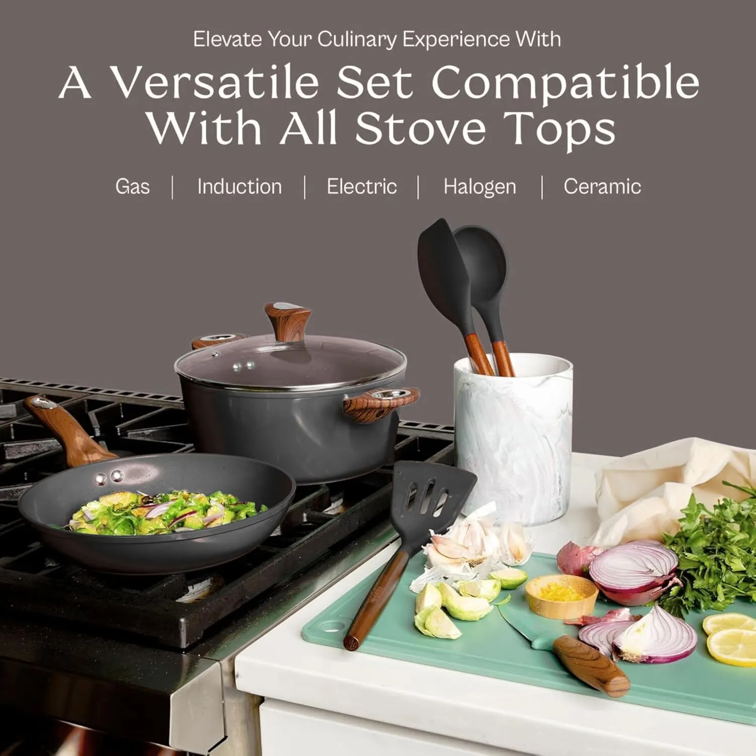 PHANTOM CHEF 18-Piece Cookware Set | Non-Stick Ceramic Coating | Oven & Dishwasher Safe | PFOA-Free | Aluminum Pots & Pans Set with Lids | Stay-Cool Handles | Induction Stovetop Compatible (Smoked)