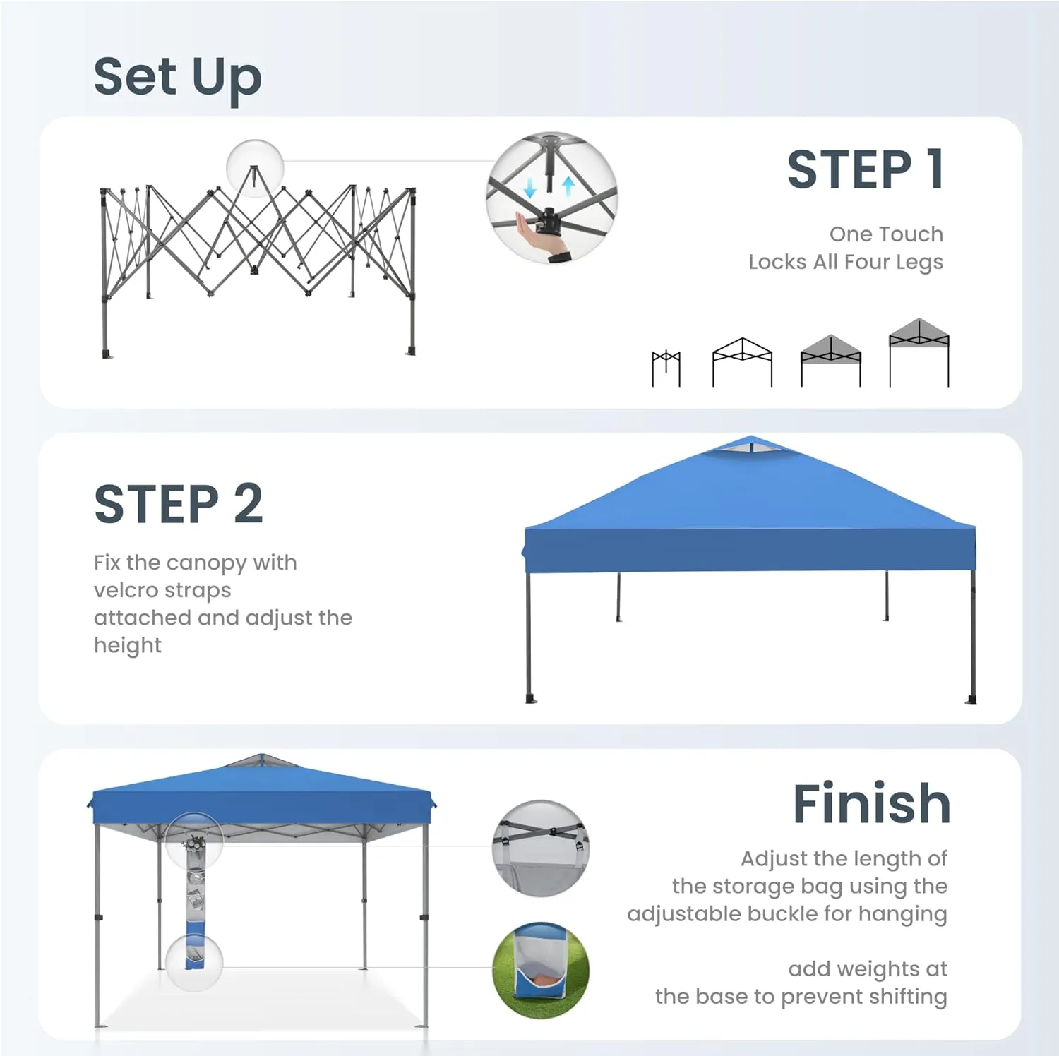 PHI VILLA 10’ x10’ Pop Up Canopy Tent - One Push Setup, Instant Shade Tent with Vented Roof for Beach & Events - Includes Storage Bag, Sandbags, Stakes & Ropes (Blue)