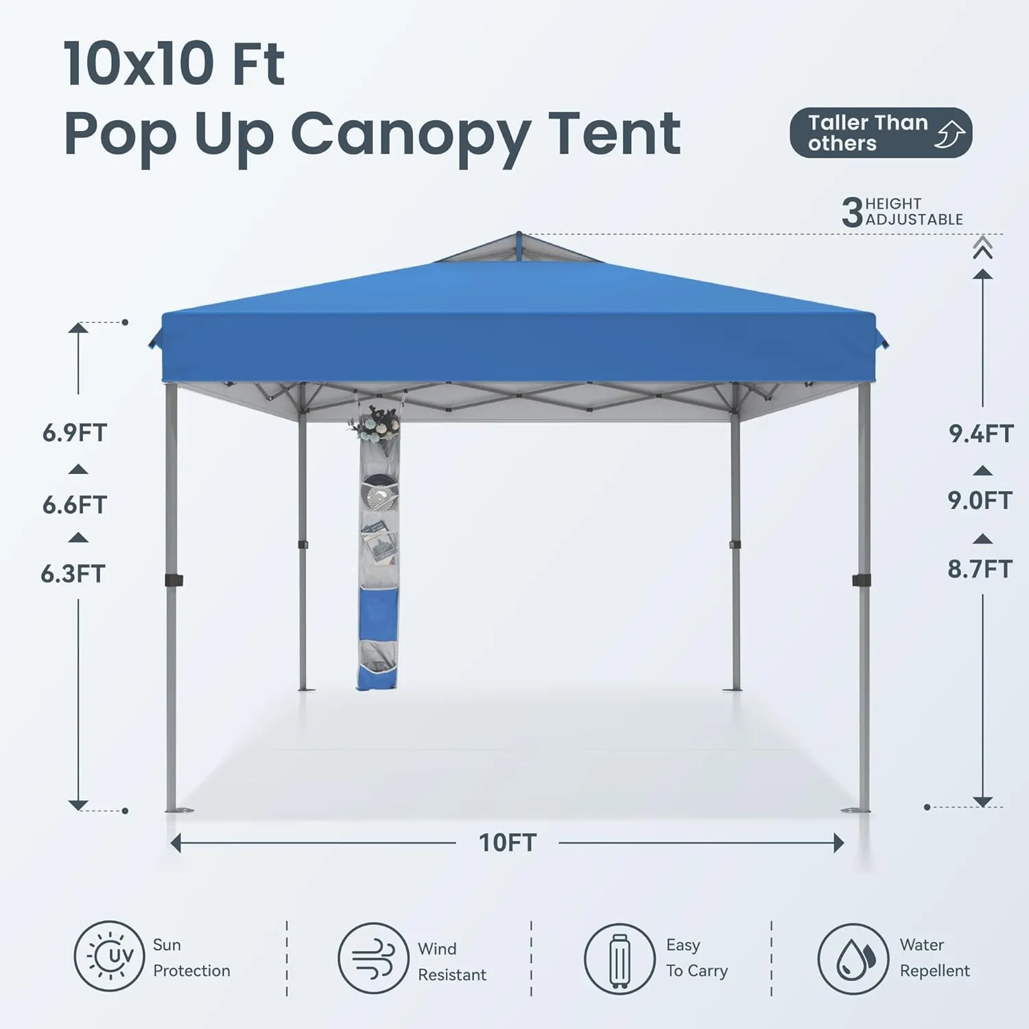 PHI VILLA 10’ x10’ Pop Up Canopy Tent - One Push Setup, Instant Shade Tent with Vented Roof for Beach & Events - Includes Storage Bag, Sandbags, Stakes & Ropes (Blue)