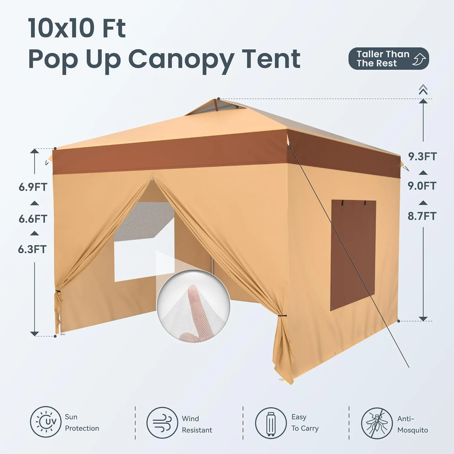 PHI VILLA 10'x10' Pop Up Canopy Tent with Sidewalls - Easy Up Tent with Mesh Windows for Ventilation, Waterproof Design - Ideal for Parties, Beach, and Outdoor Events (Beige)