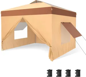 PHI VILLA 10'x10' Pop Up Canopy Tent with Sidewalls - Easy Up Tent with Mesh Windows for Ventilation, Waterproof Design - Ideal for Parties, Beach, and Outdoor Events (Beige)