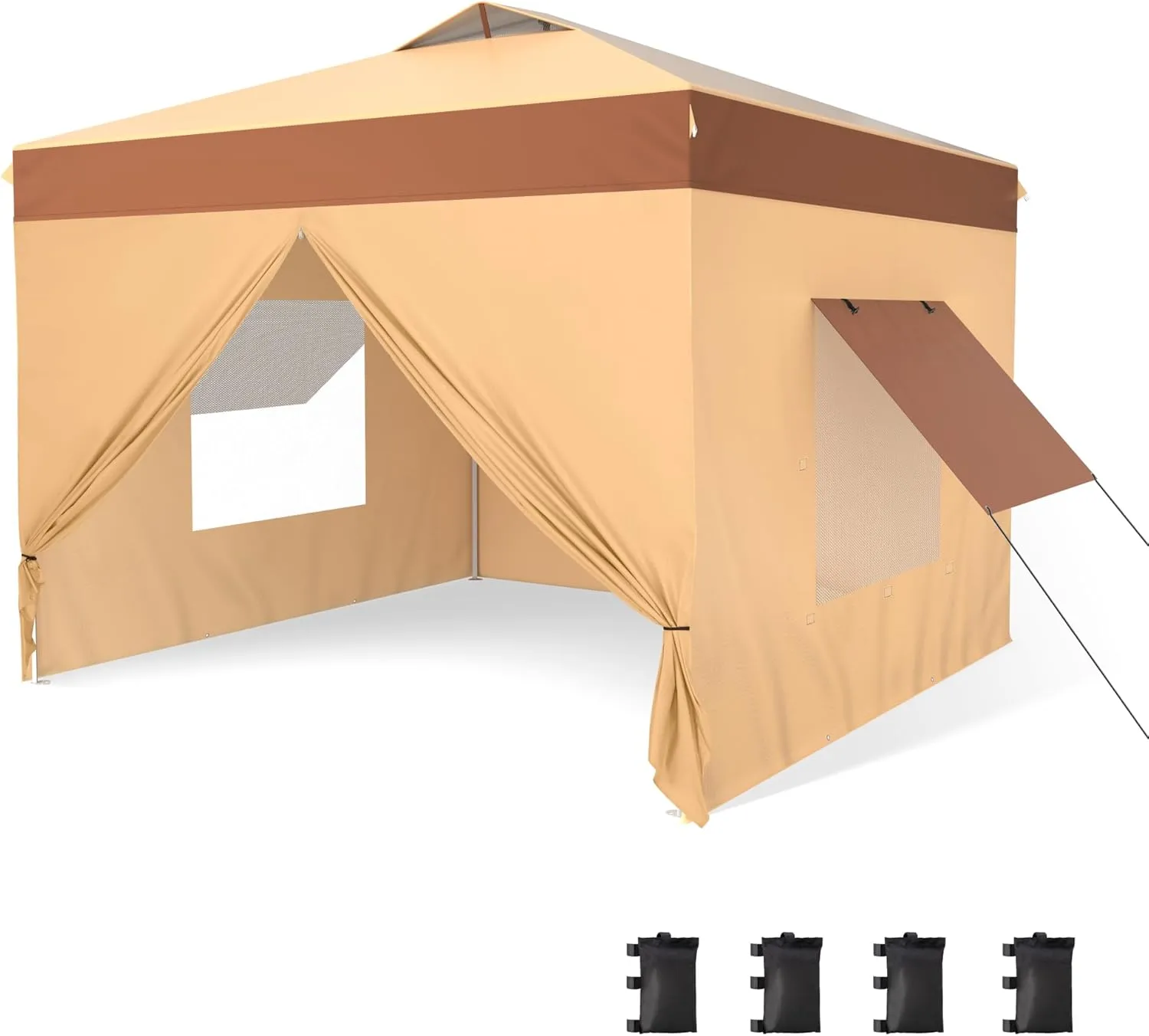 PHI VILLA 10'x10' Pop Up Canopy Tent with Sidewalls - Easy Up Tent with Mesh Windows for Ventilation, Waterproof Design - Ideal for Parties, Beach, and Outdoor Events (Beige)
