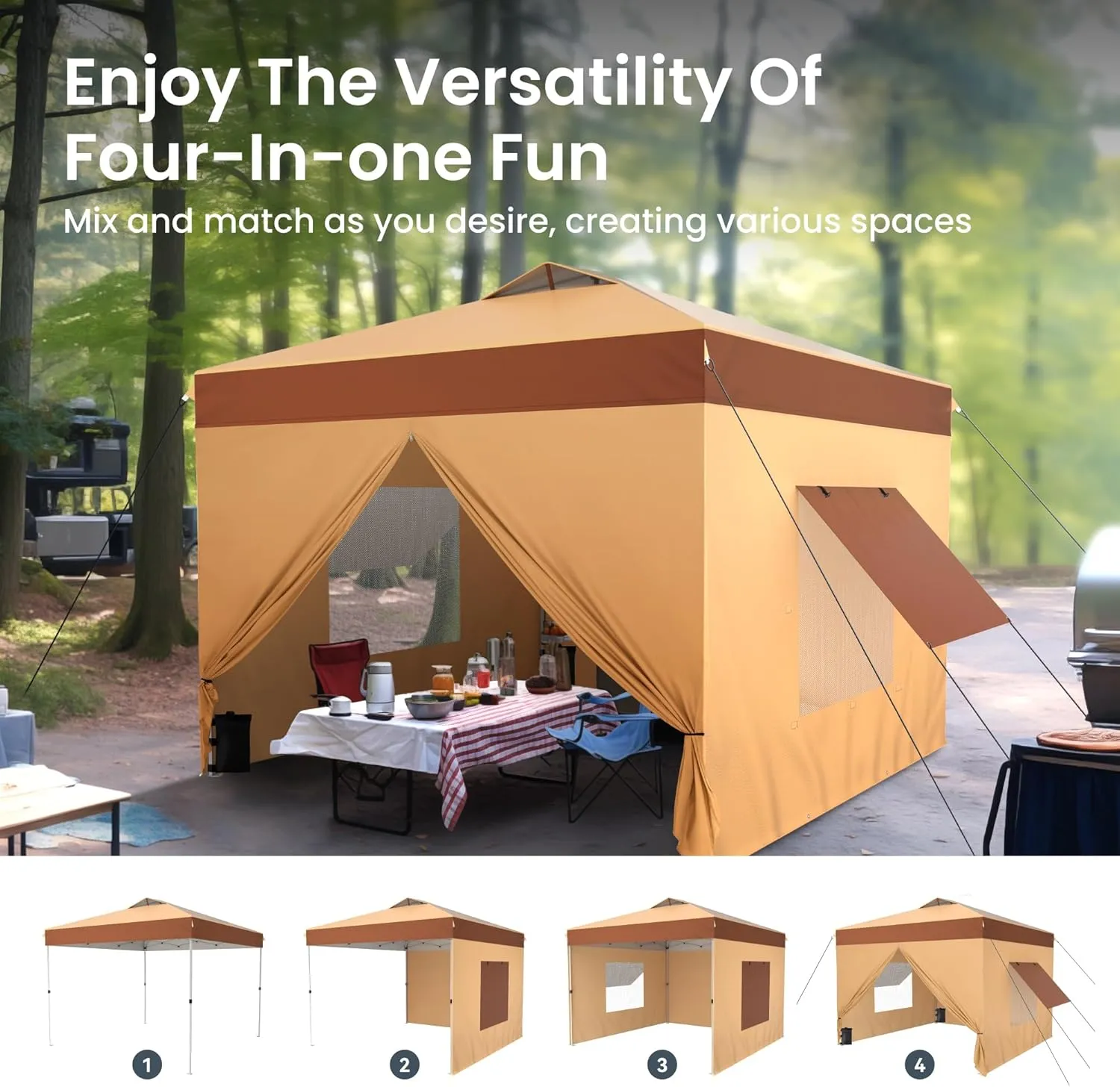 PHI VILLA 10'x10' Pop Up Canopy Tent with Sidewalls - Easy Up Tent with Mesh Windows for Ventilation, Waterproof Design - Ideal for Parties, Beach, and Outdoor Events (Beige)