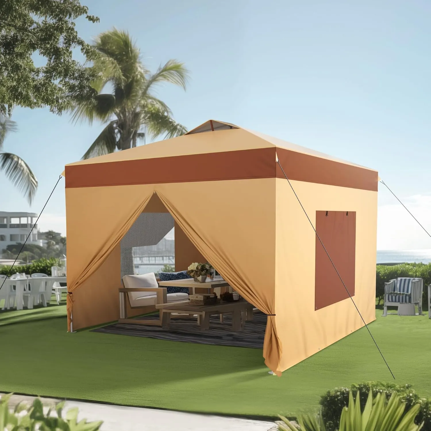 PHI VILLA 10'x10' Pop Up Canopy Tent with Sidewalls - Easy Up Tent with Mesh Windows for Ventilation, Waterproof Design - Ideal for Parties, Beach, and Outdoor Events (Beige)