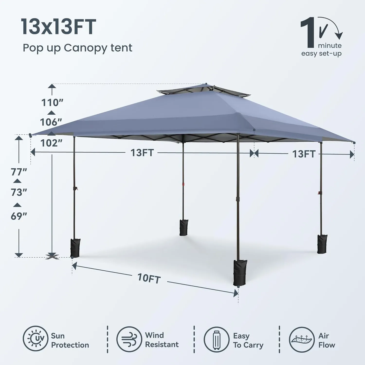PHI VILLA 13x13 Pop Up Canopy Tent Instant Outdoor Canopy Easy One Push Tent Canopy with Wheeled Carry Bag, Straight Legs 169 Square Feet of Shade, Grey