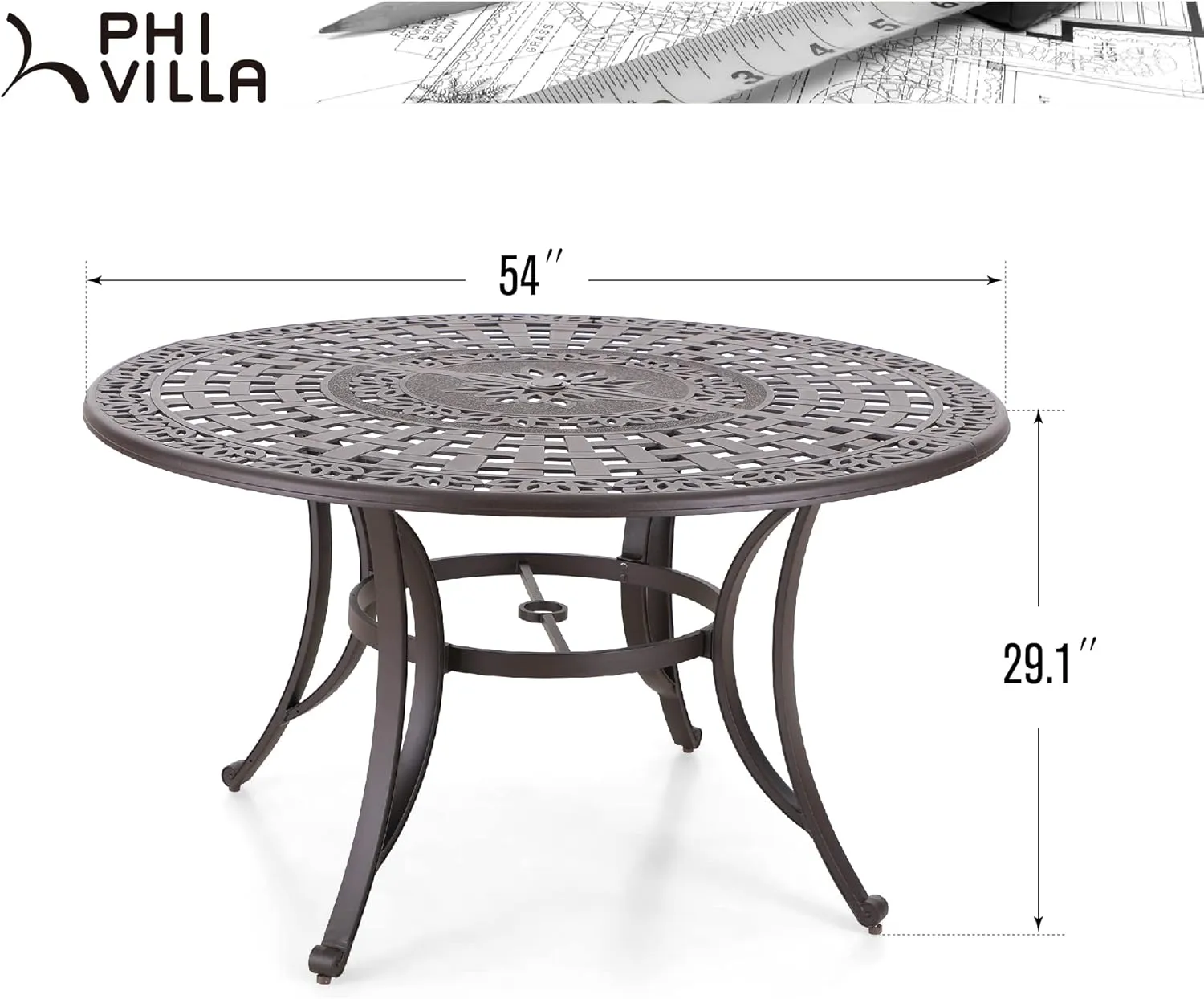 PHI VILLA Round Patio Dining Tables for 6 Person, Outdoor Aluminum Table 54" Dia with 2.1" Umbrella Hole, Lawn Garden Tables for All Weather
