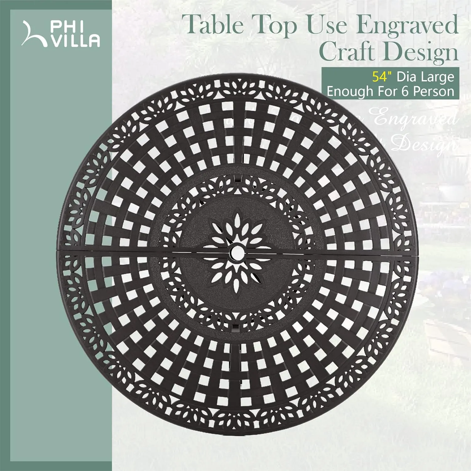 PHI VILLA Round Patio Dining Tables for 6 Person, Outdoor Aluminum Table 54" Dia with 2.1" Umbrella Hole, Lawn Garden Tables for All Weather
