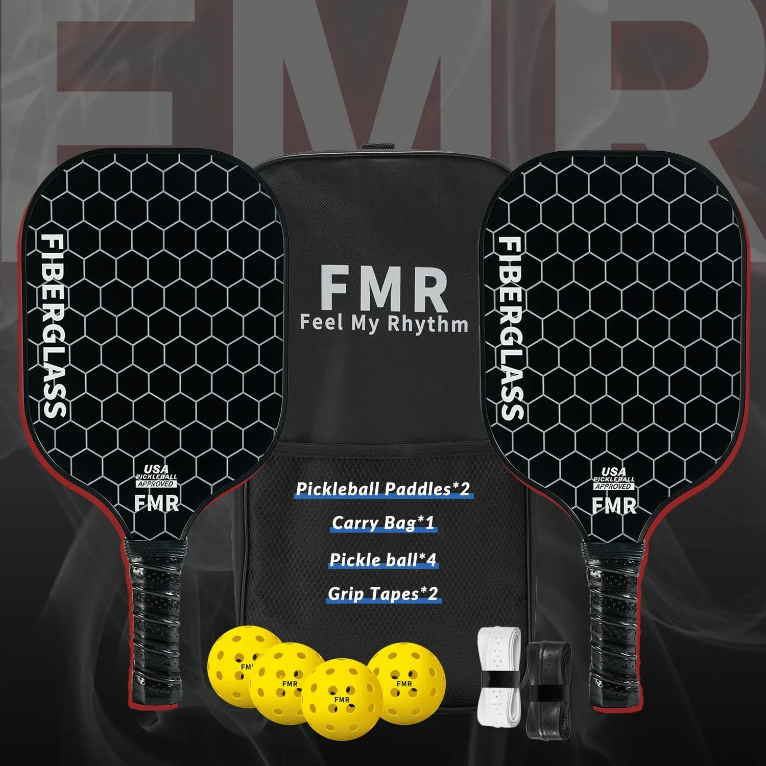 Pickleball Paddles Set of 2 with 4 Balls - USAPA Approved Fiberglass Surface, Lightweight, Non-Slip Grip - Premium Paddle Set for All Skill Levels Indoor & Outdoor