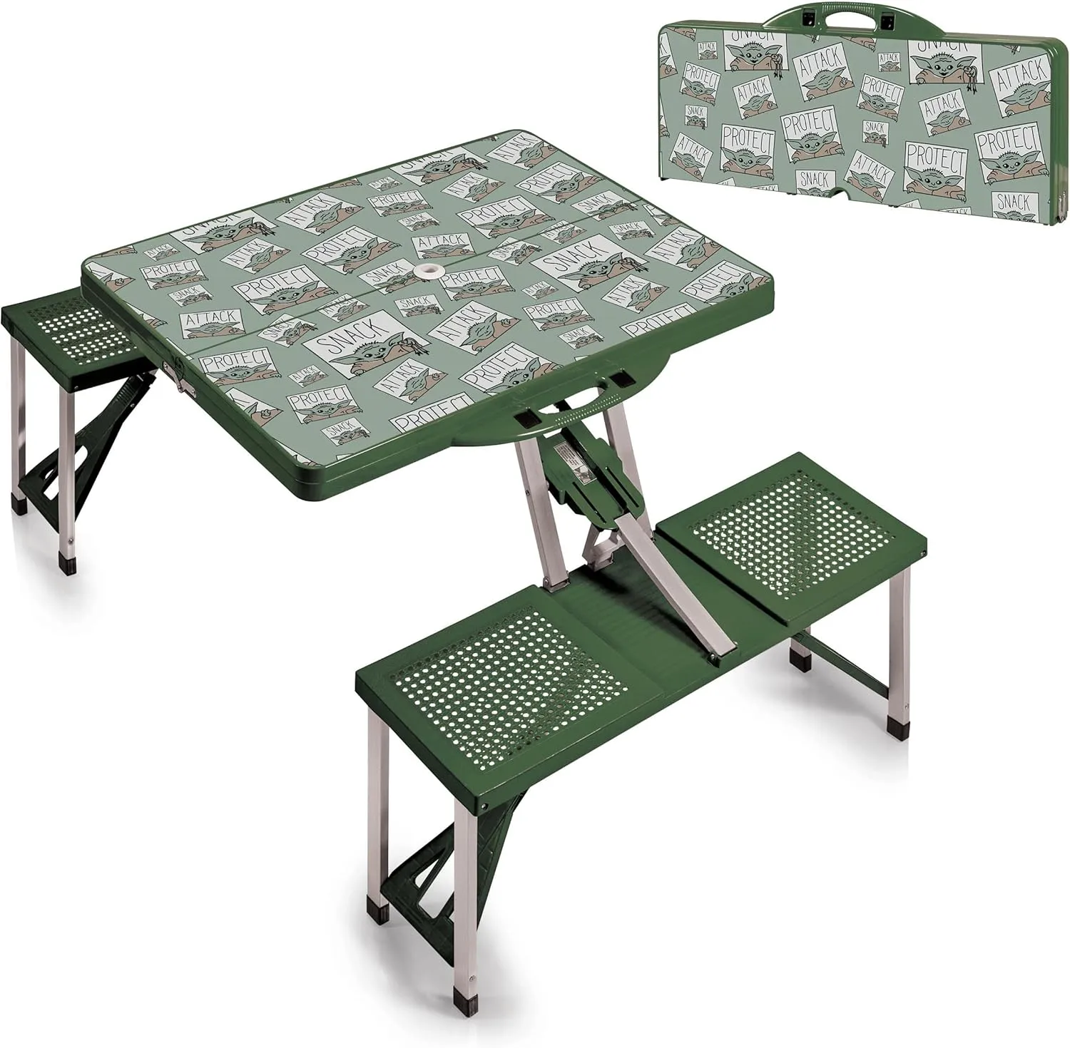 PICNIC TIME Star Wars Mandalorian Grogu Folding Picnic Table, Camping Table, Outdoor Table with Umbrella Hole, (Hunter Green)