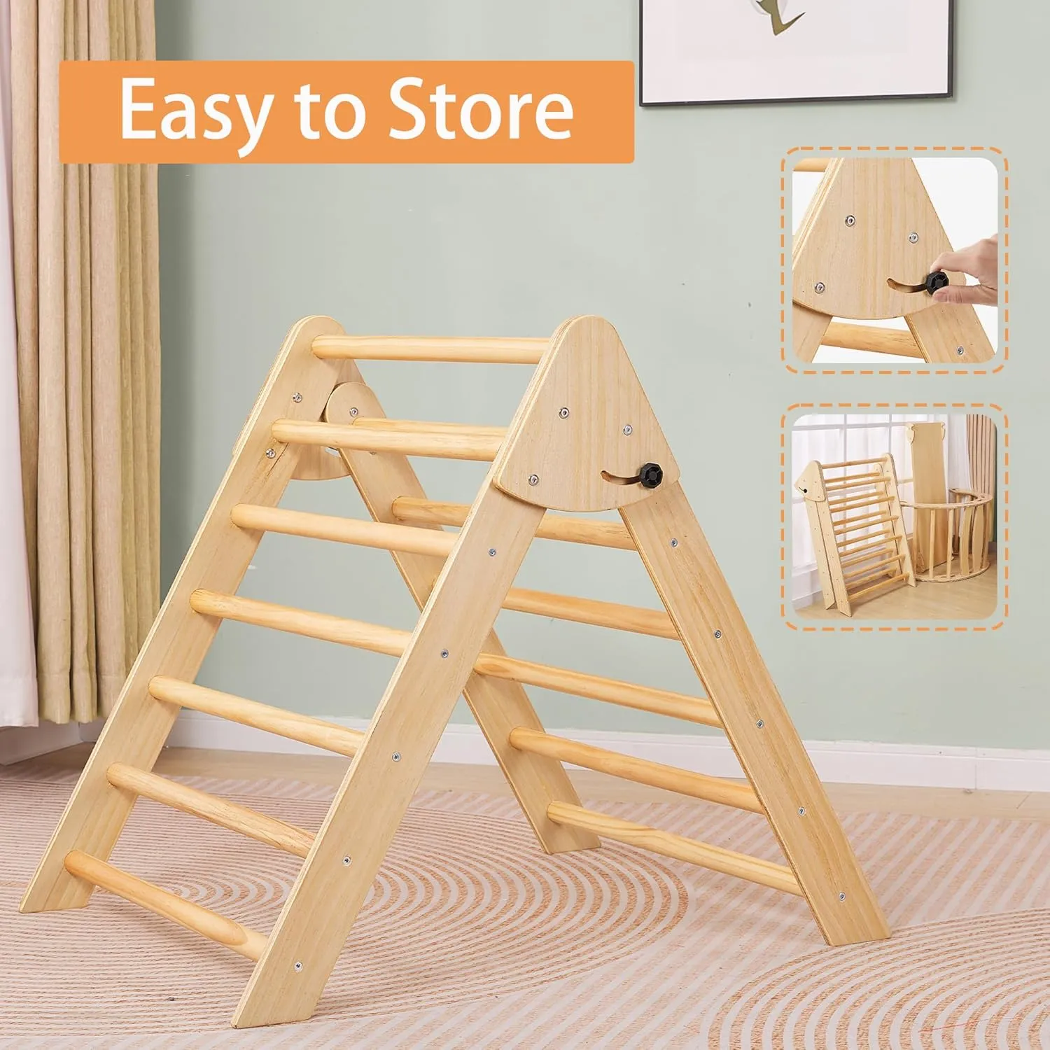 Pikler Triangle Set Montessori Climbing Toys for Toddlers Pikler-3 Piece Indoor Playground 3 in 1 Foldable Baby Climbing Gym Jungle Gym for Kids Ages 1-6 Natural