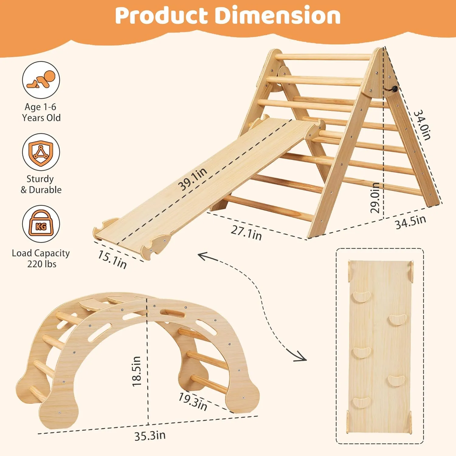 Pikler Triangle Set Montessori Climbing Toys for Toddlers Pikler-3 Piece Indoor Playground 3 in 1 Foldable Baby Climbing Gym Jungle Gym for Kids Ages 1-6 Natural