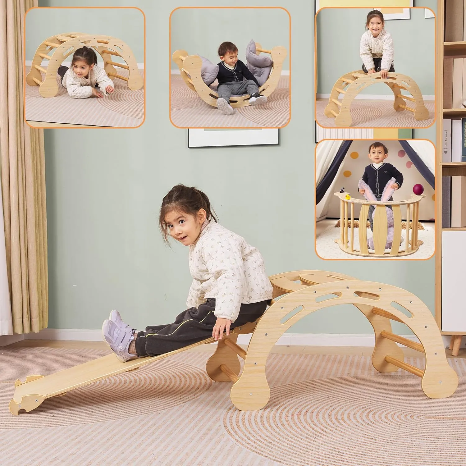 Pikler Triangle Set Montessori Climbing Toys for Toddlers Pikler-3 Piece Indoor Playground 3 in 1 Foldable Baby Climbing Gym Jungle Gym for Kids Ages 1-6 Natural