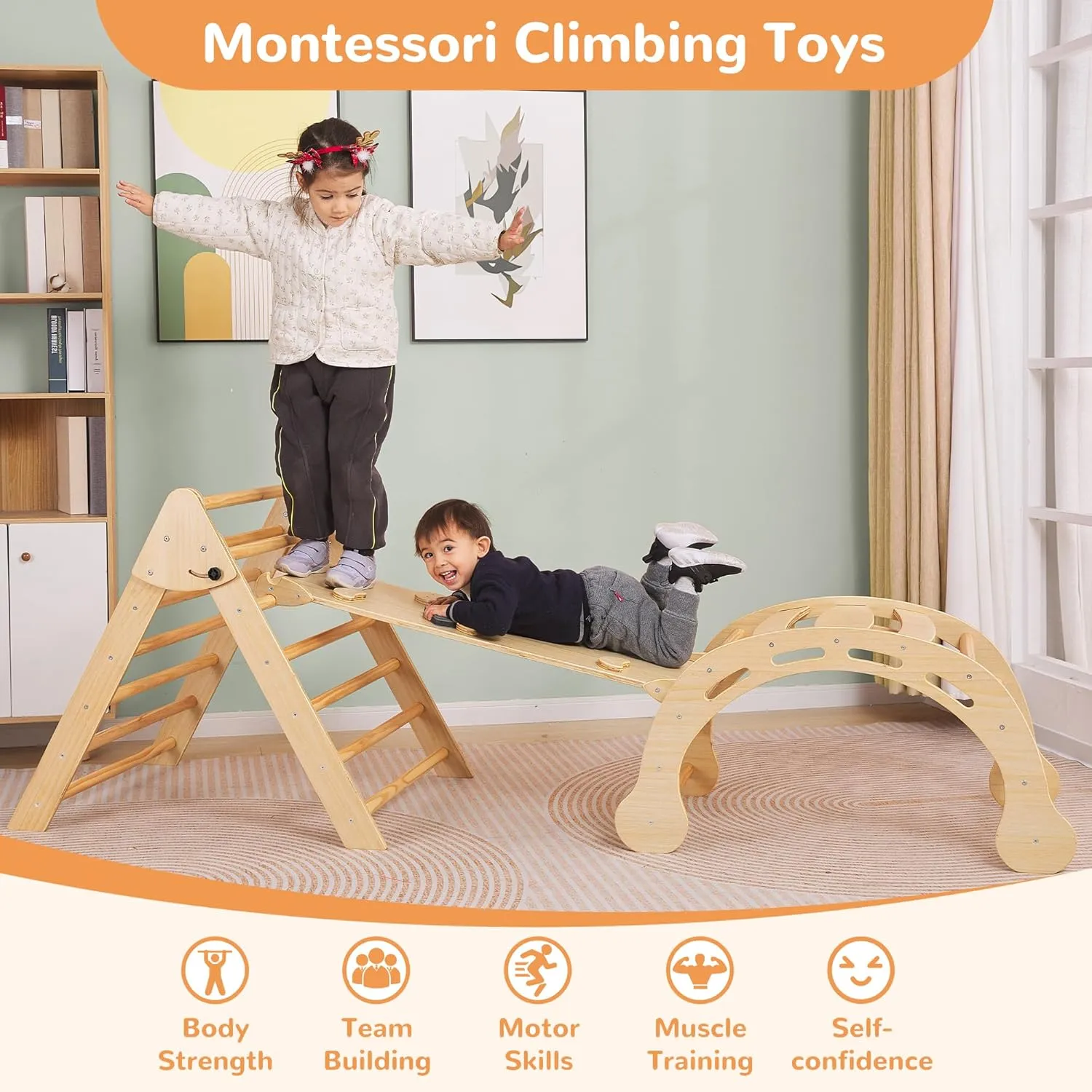 Pikler Triangle Set Montessori Climbing Toys for Toddlers Pikler-3 Piece Indoor Playground 3 in 1 Foldable Baby Climbing Gym Jungle Gym for Kids Ages 1-6 Natural