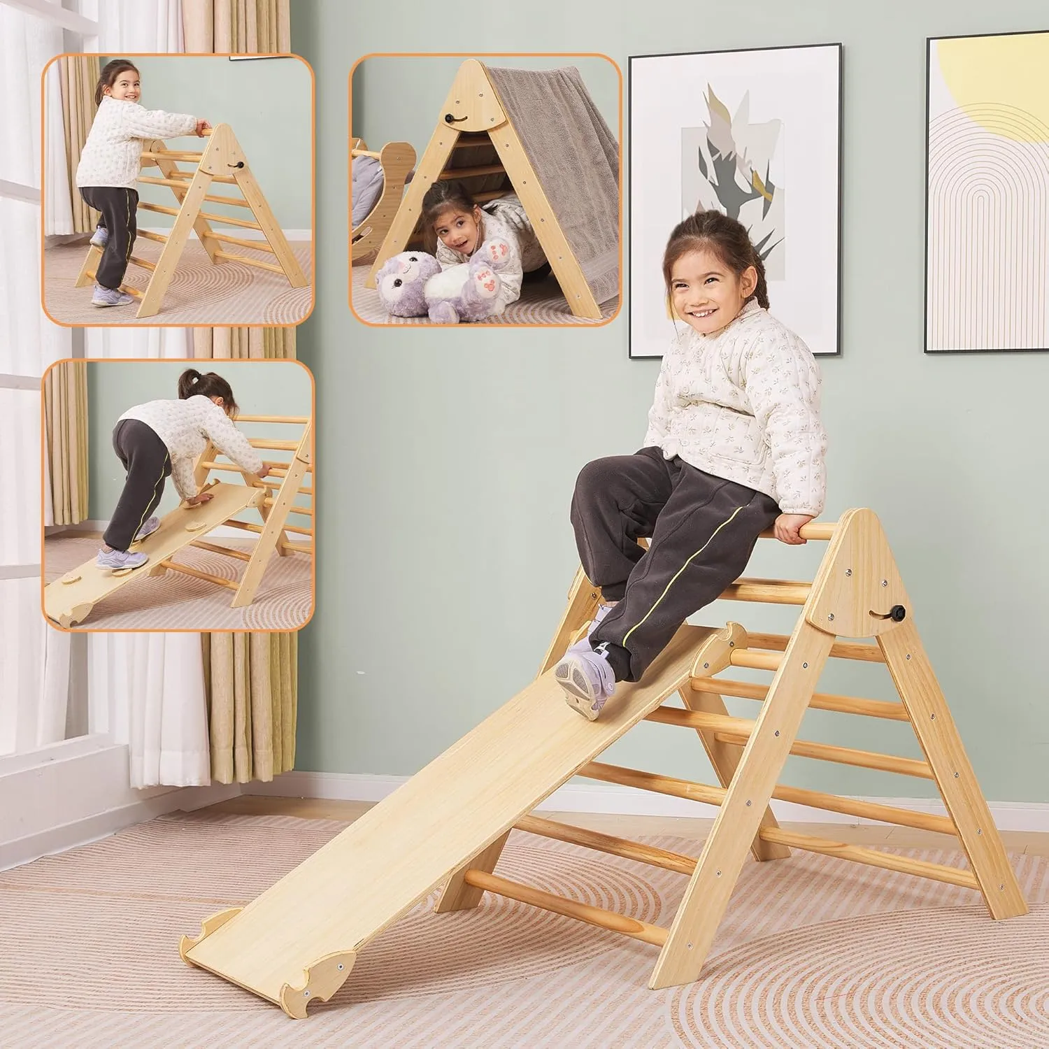 Pikler Triangle Set Montessori Climbing Toys for Toddlers Pikler-3 Piece Indoor Playground 3 in 1 Foldable Baby Climbing Gym Jungle Gym for Kids Ages 1-6 Natural