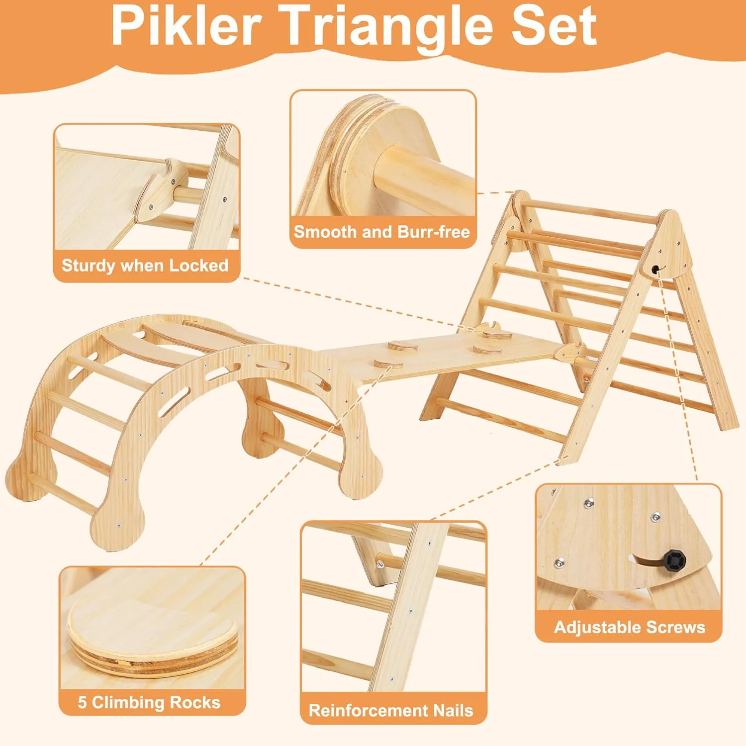 Pikler Triangle Set Montessori Climbing Toys for Toddlers Pikler-3 Piece Indoor Playground 3 in 1 Foldable Baby Climbing Gym Jungle Gym for Kids Ages 1-6 Natural