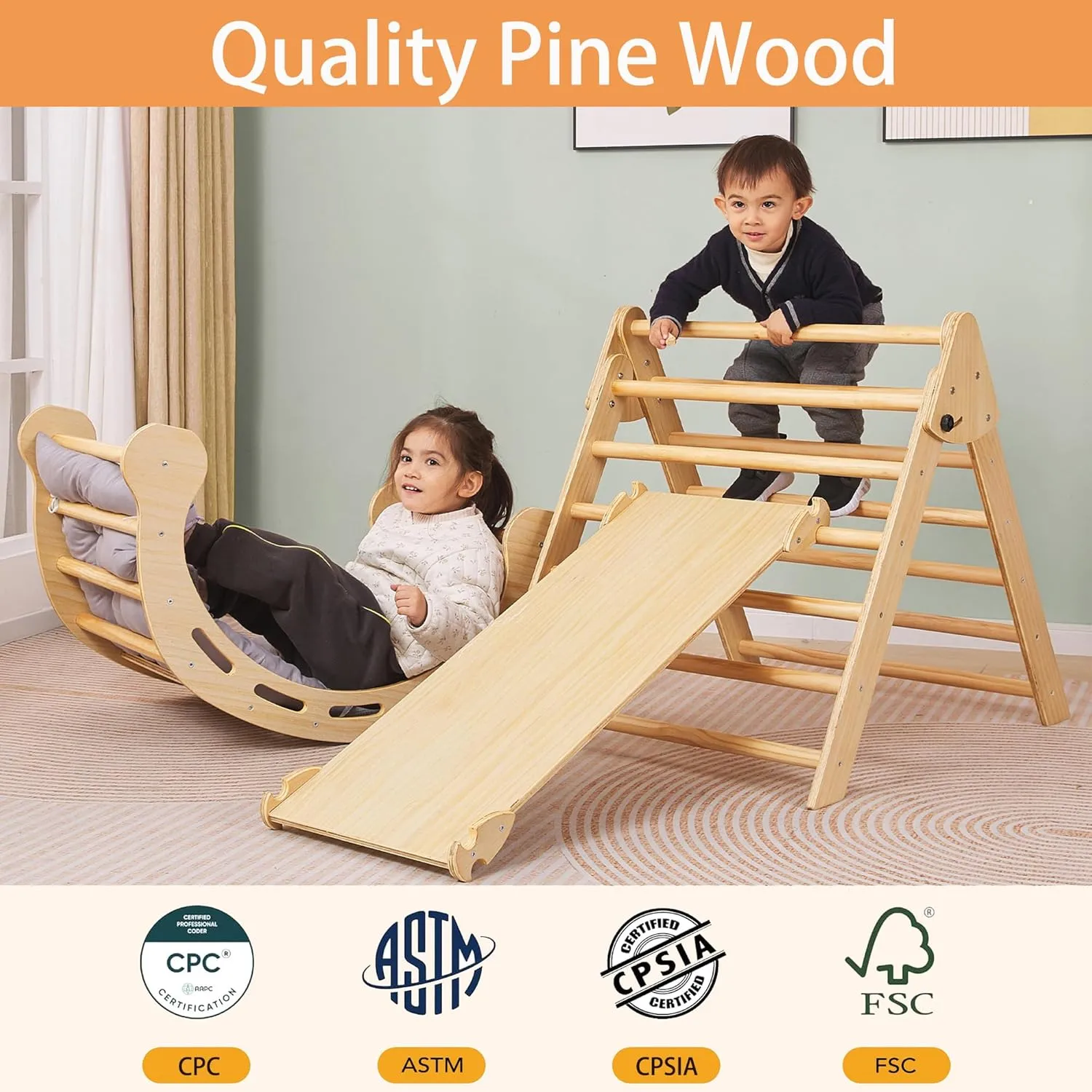 Pikler Triangle Set Montessori Climbing Toys for Toddlers Pikler-3 Piece Indoor Playground 3 in 1 Foldable Baby Climbing Gym Jungle Gym for Kids Ages 1-6 Natural
