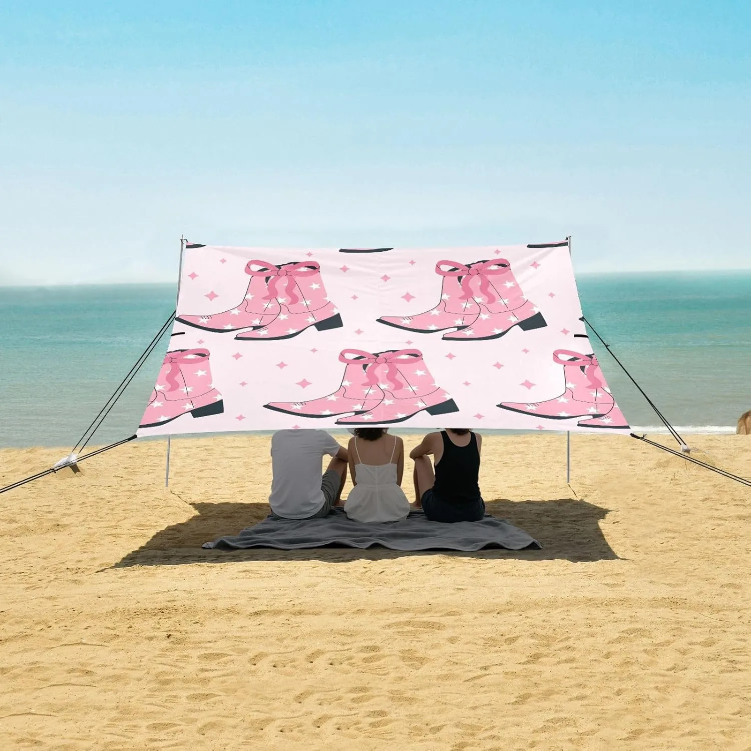 Pink Boots and Bows Beach Canopy Tent Anti-UV & Wind Resistant, Camping Sun Shelter Easy Setup Portable,Outdoor Shade Tents with Sandbags,Sand Shovels,Ground Pegs & Stability Poles