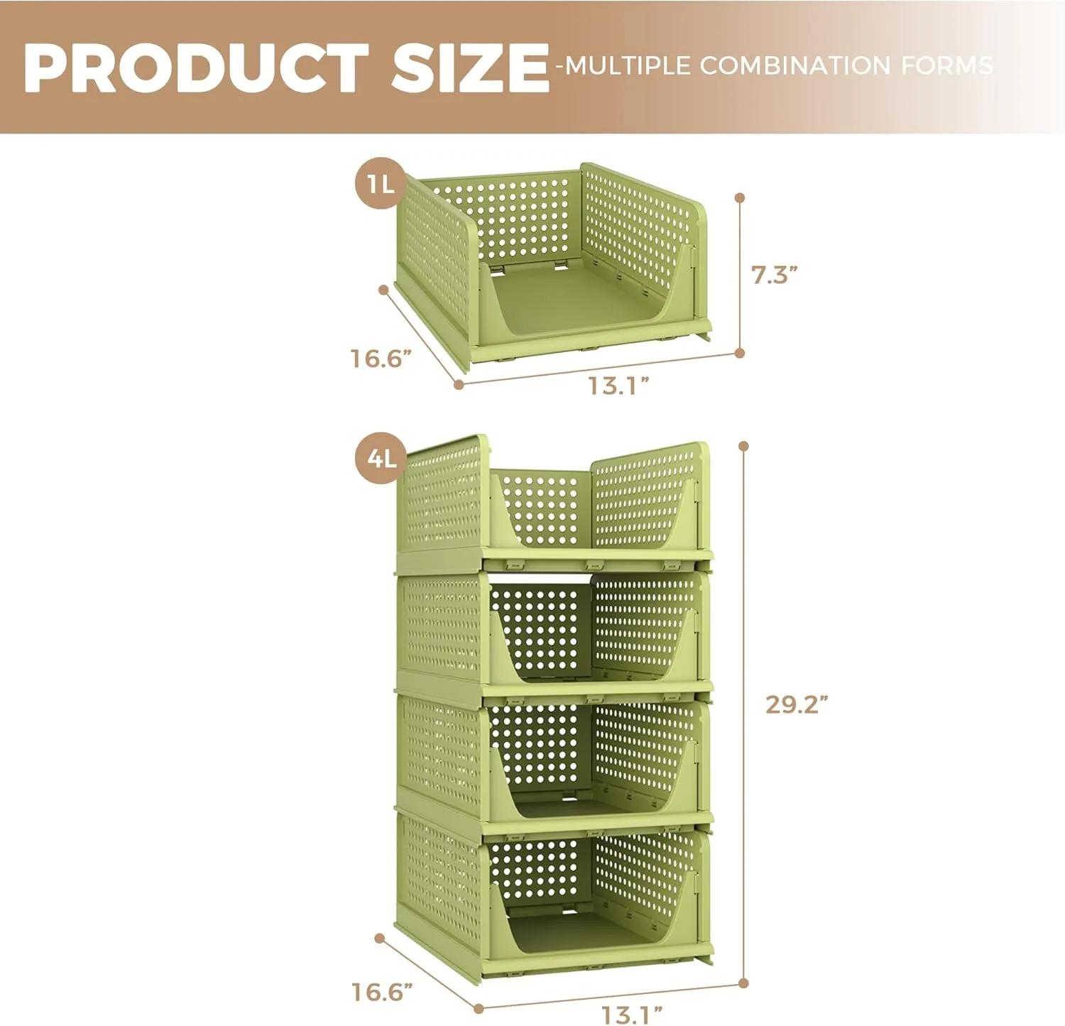 Pinkpum Stackable Plastic Storage Basket, Foldable Closet Organizers and Storage Bins 4 Pack Drawer Shelf Storage Container for Wardrobe Kitchen Bathroom Office Dorm Fern Green