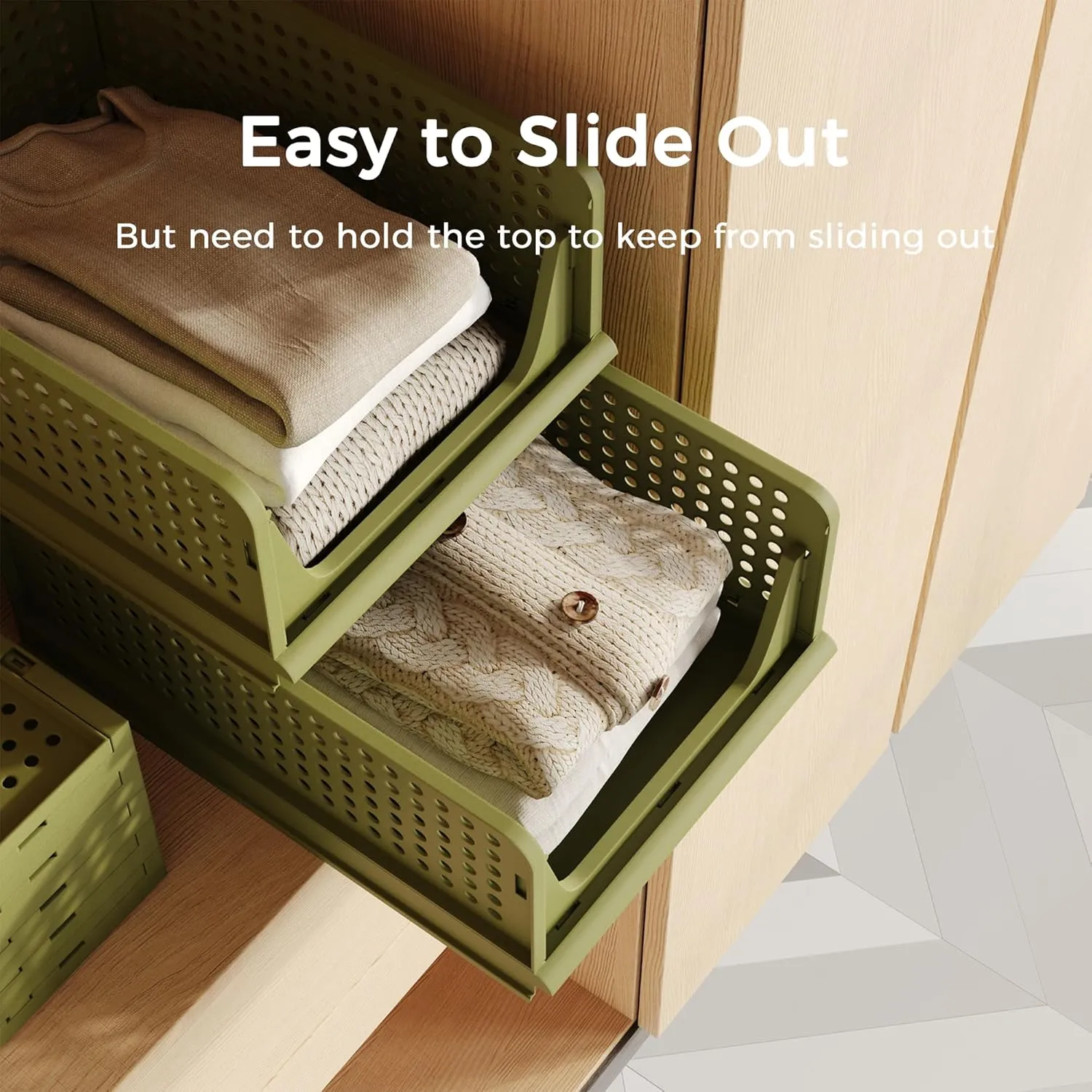 Pinkpum Stackable Plastic Storage Basket, Foldable Closet Organizers and Storage Bins 4 Pack Drawer Shelf Storage Container for Wardrobe Kitchen Bathroom Office Dorm Fern Green