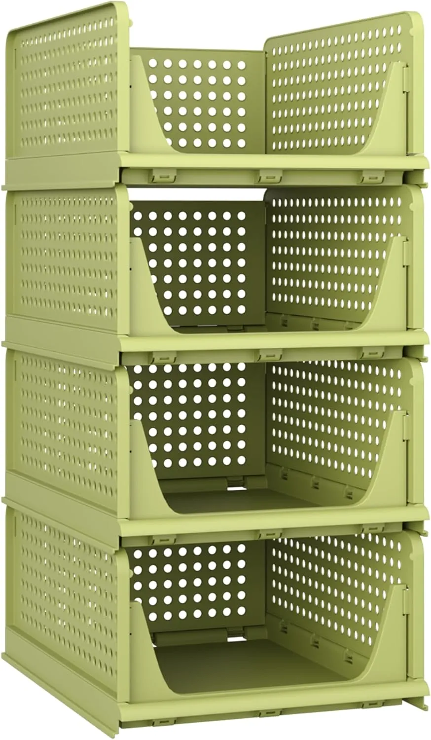 Pinkpum Stackable Plastic Storage Basket, Foldable Closet Organizers and Storage Bins 4 Pack Drawer Shelf Storage Container for Wardrobe Kitchen Bathroom Office Dorm Fern Green
